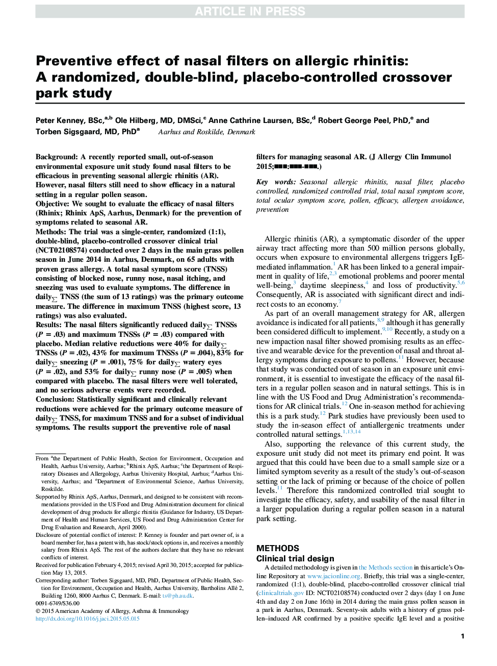 Preventive effect of nasal filters on allergic rhinitis: AÂ randomized, double-blind, placebo-controlled crossover park study