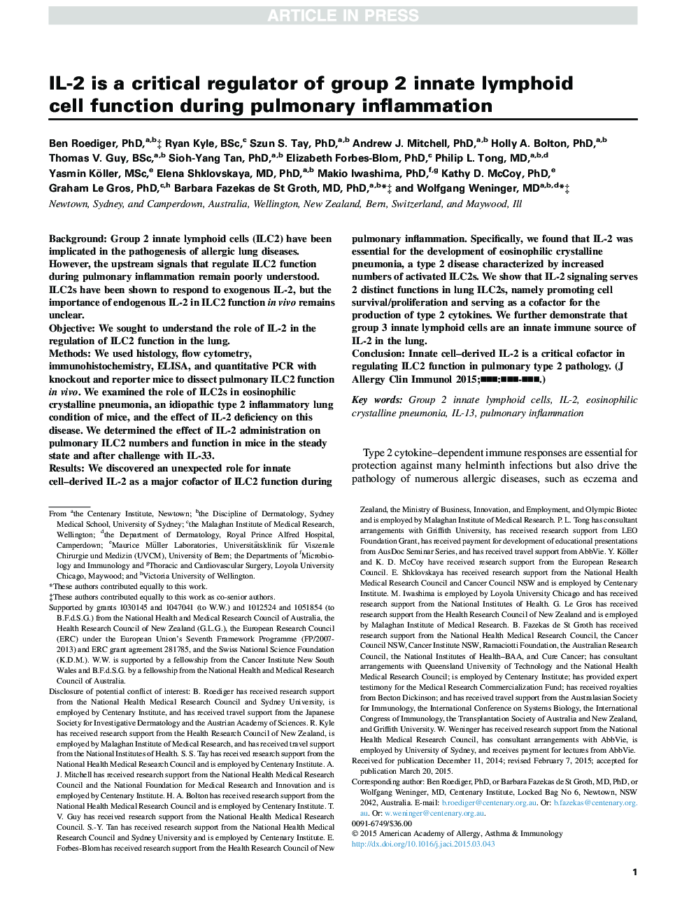 IL-2 is a critical regulator of group 2 innate lymphoid cell function during pulmonary inflammation