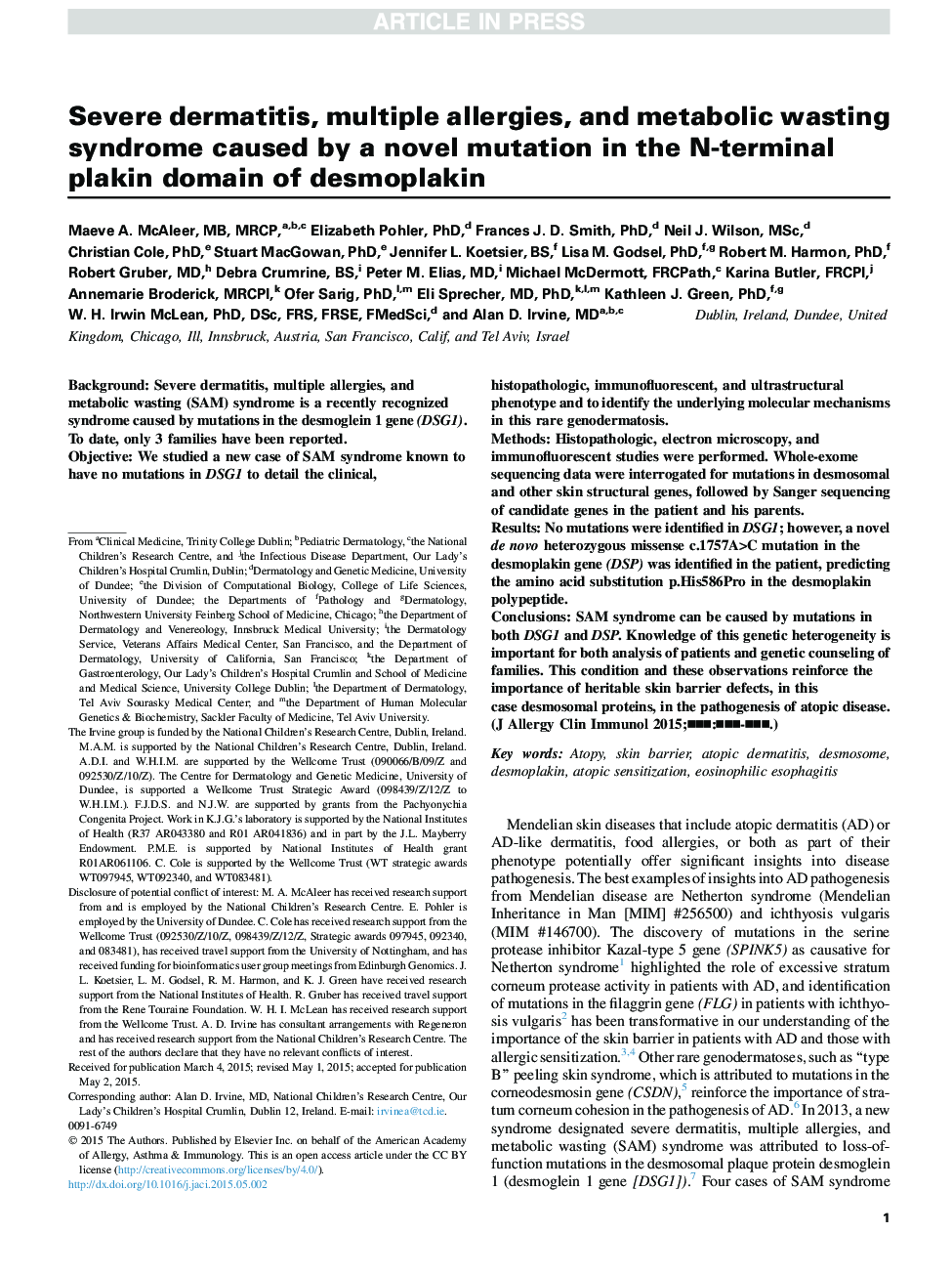 Severe dermatitis, multiple allergies, and metabolic wasting syndrome caused by a novel mutation in the N-terminal plakin domain of desmoplakin