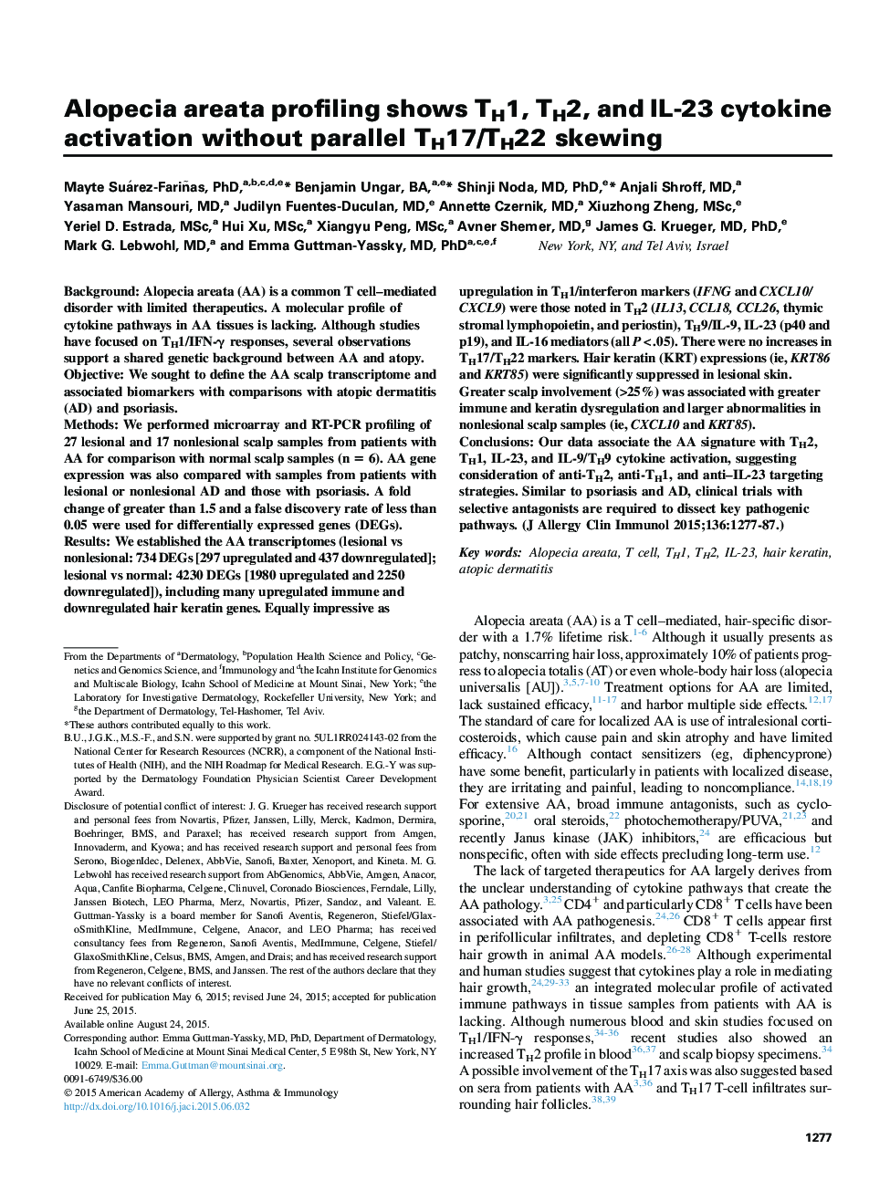 Atopic dermatitis and skin diseaseAlopecia areata profiling shows TH1, TH2, and IL-23 cytokine activation without parallel TH17/TH22 skewing