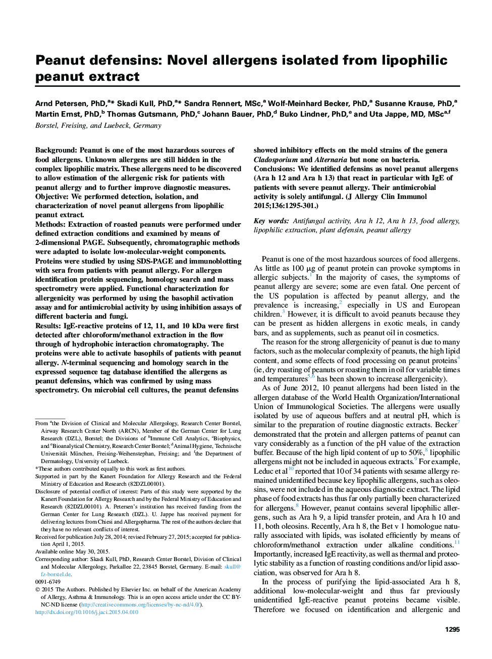 Food, drug, insect sting allergy, and anaphylaxisPeanut defensins: Novel allergens isolated from lipophilic peanut extract