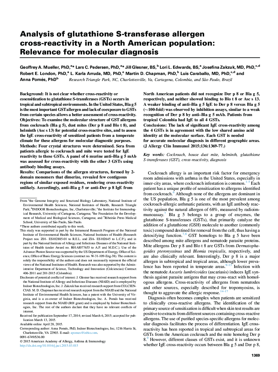Analysis of glutathione S-transferase allergen cross-reactivity in a North American population: RelevanceÂ for molecular diagnosis