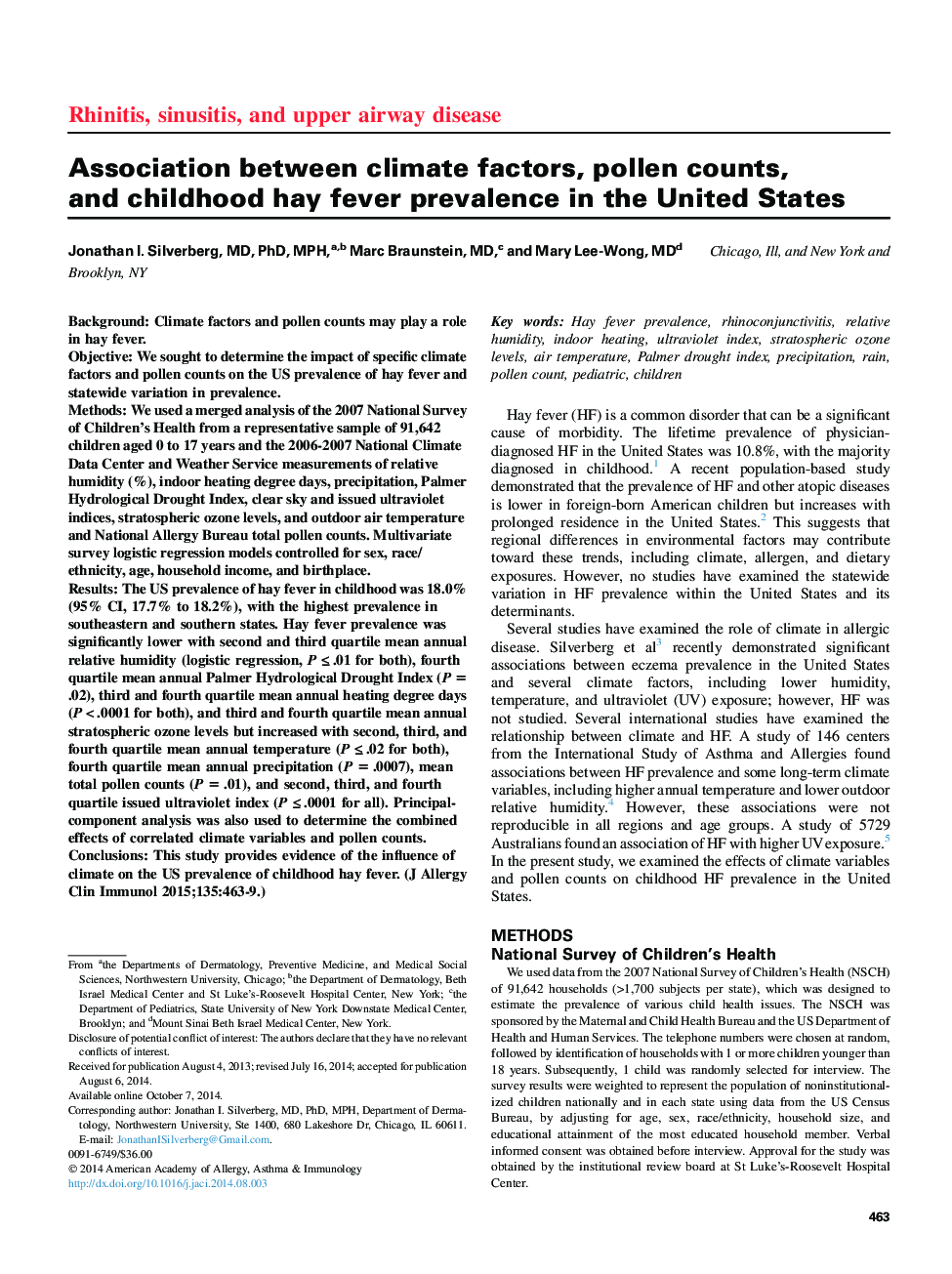 ارتباط بین عوامل آب و هوایی، تعداد گرده، و شیوع تب یونجه در دوران کودکی در ایالات متحده 