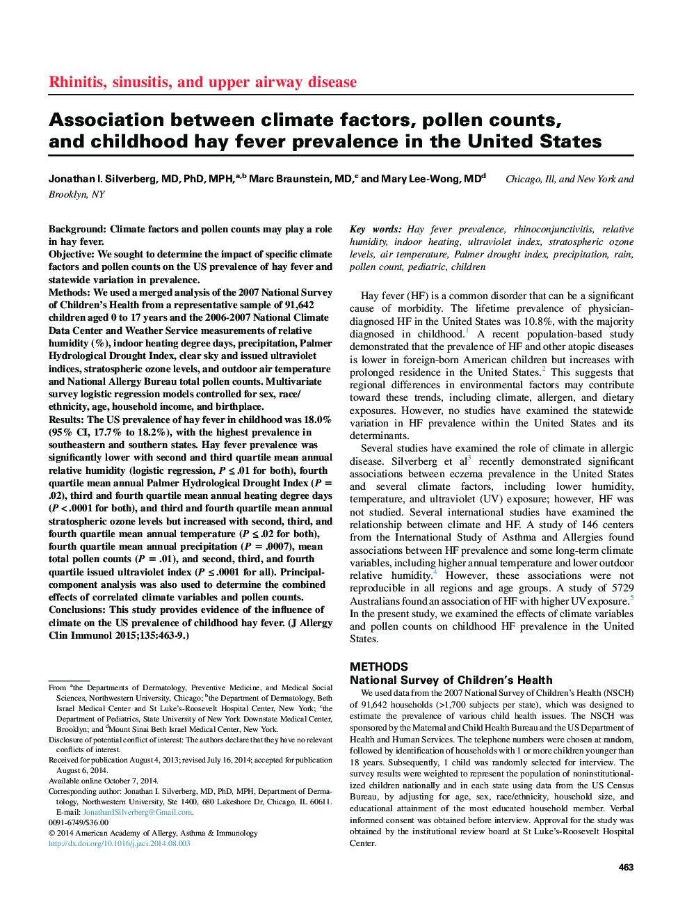 Association between climate factors, pollen counts, and childhood hay fever prevalence in the United States