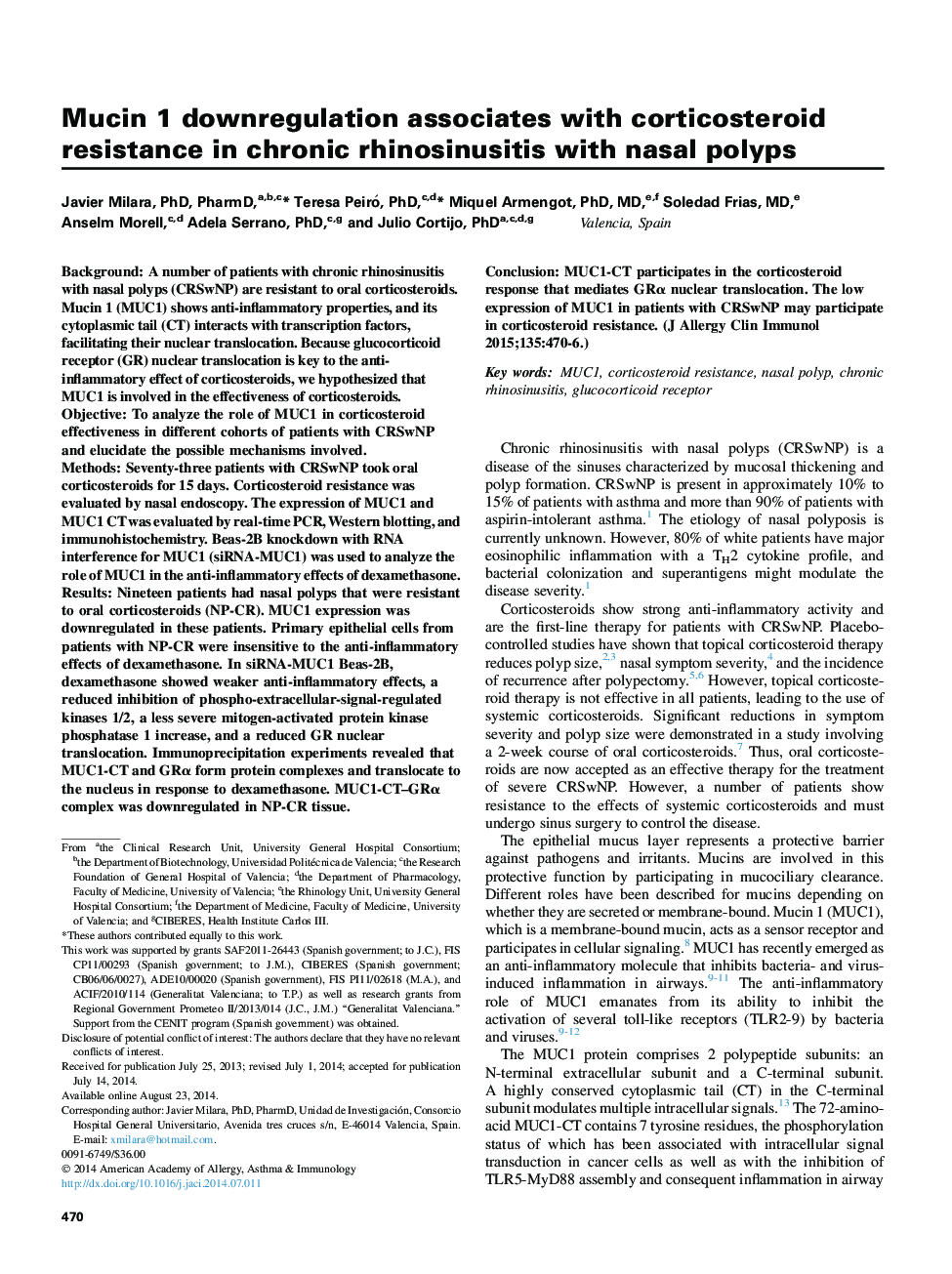 Rhinitis, sinusitis, and upper airway diseaseMucin 1 downregulation associates with corticosteroid resistance in chronic rhinosinusitis with nasal polyps