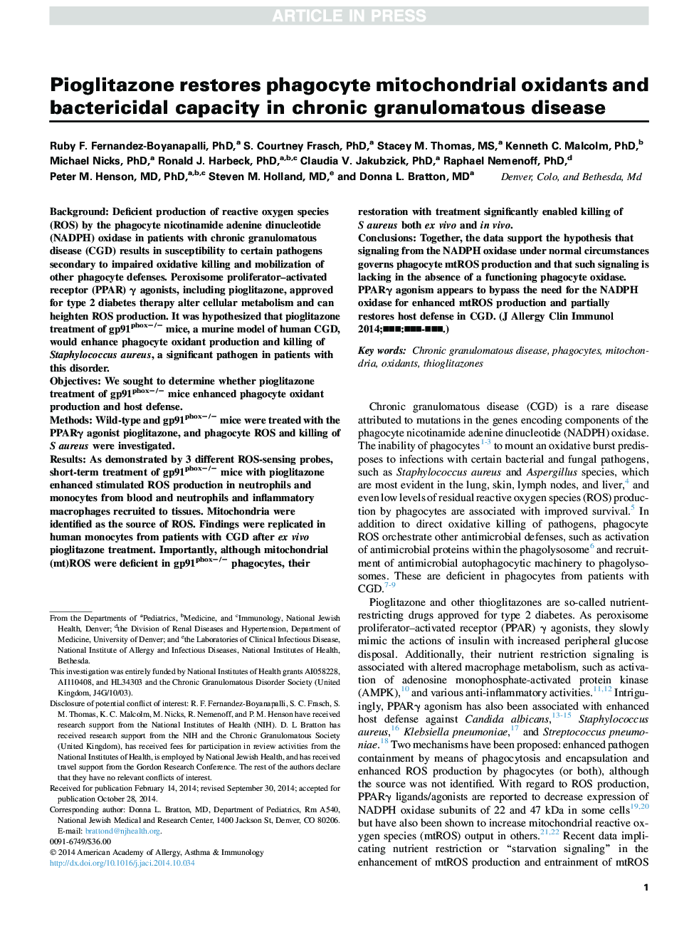 Pioglitazone restores phagocyte mitochondrial oxidants and bactericidal capacity in chronic granulomatous disease