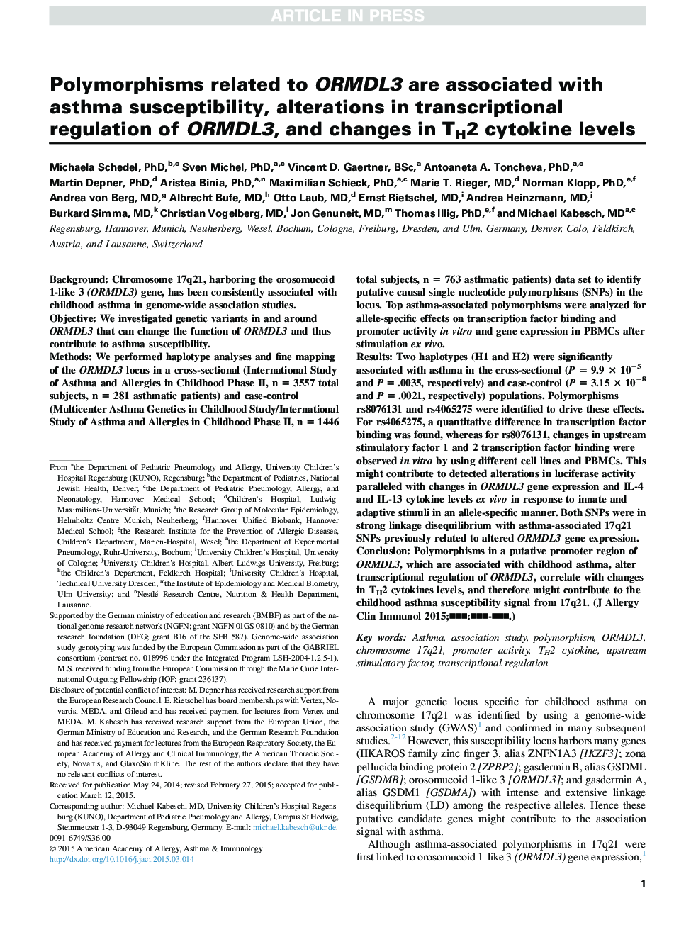 Polymorphisms related to ORMDL3 are associated with asthma susceptibility, alterations in transcriptional regulation of ORMDL3, and changes in TH2 cytokine levels