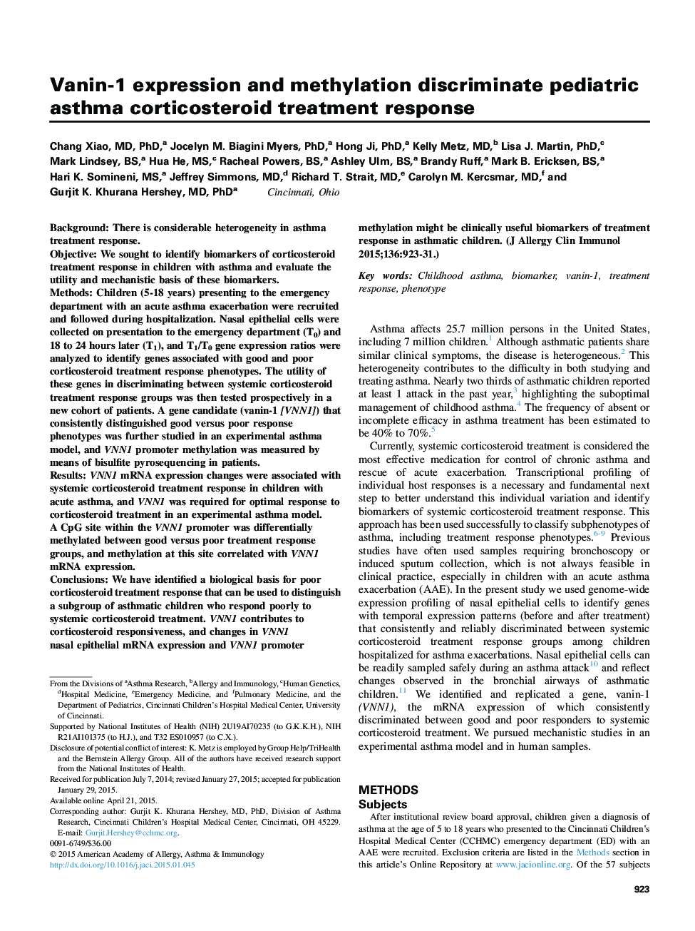 Asthma and lower airway diseaseVanin-1 expression and methylation discriminate pediatric asthma corticosteroid treatment response