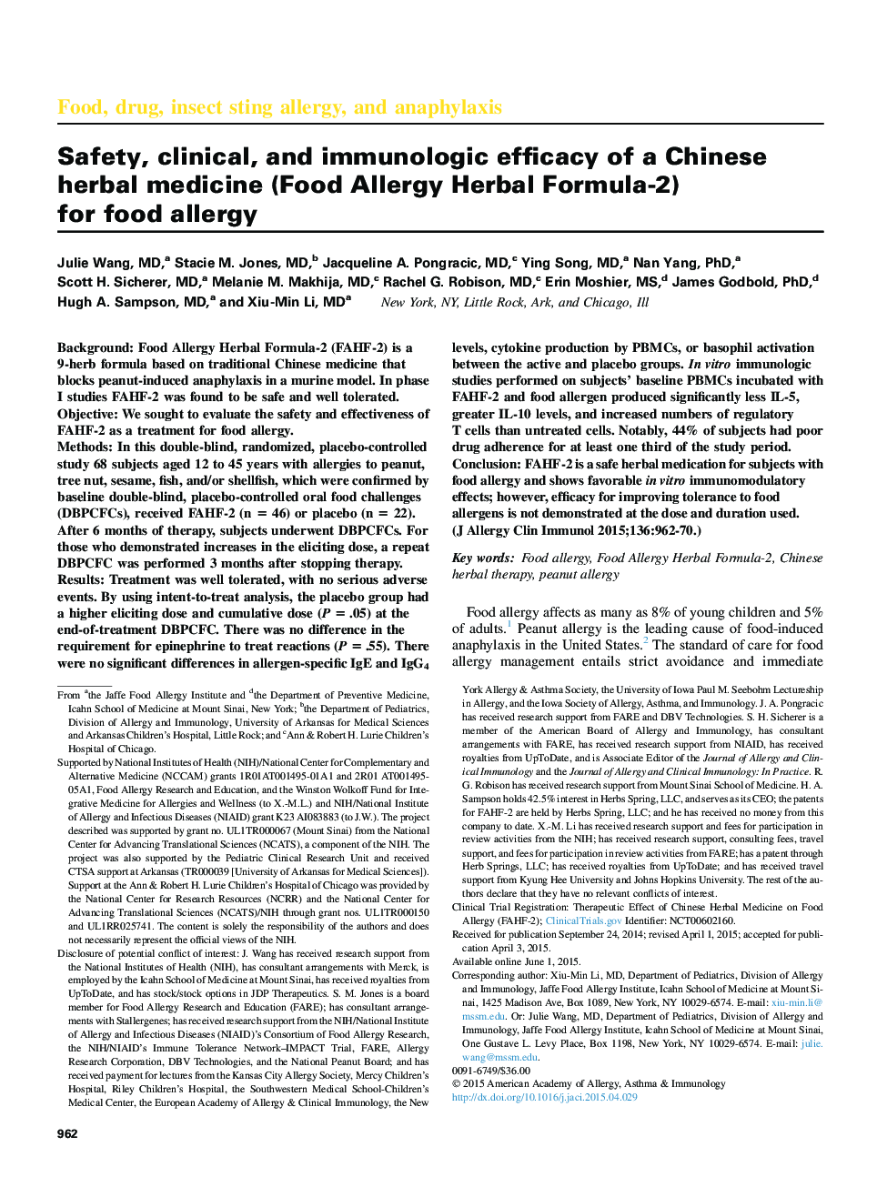 Food, drug, insect sting allergy, and anaphylaxisSafety, clinical, and immunologic efficacy of a Chinese herbal medicine (Food Allergy Herbal Formula-2) for food allergy