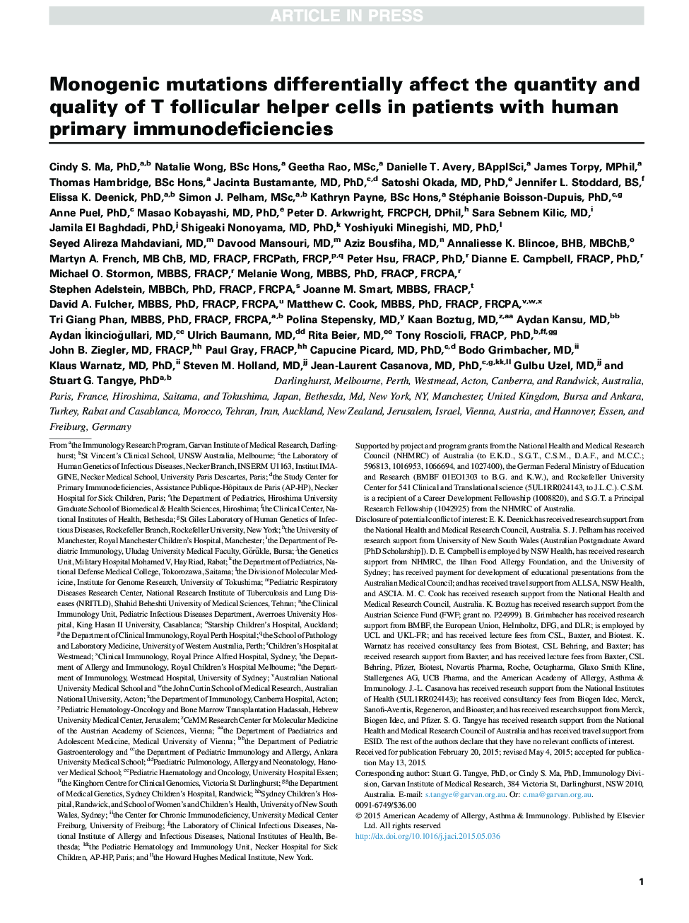 Monogenic mutations differentially affect the quantity and quality of T follicular helper cells in patients with human primary immunodeficiencies