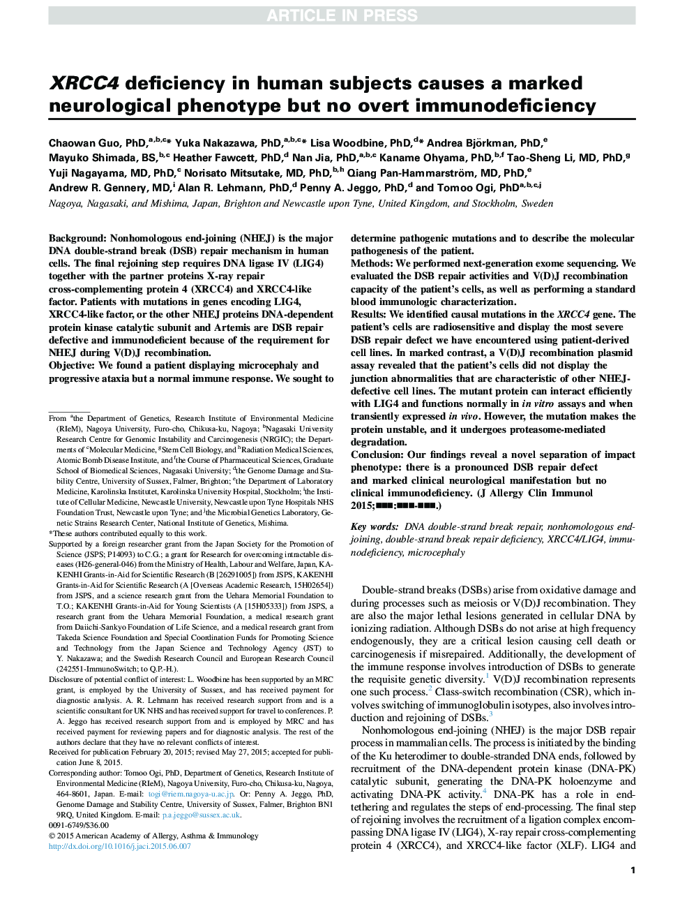 XRCC4 deficiency in human subjects causes a marked neurological phenotype but no overt immunodeficiency