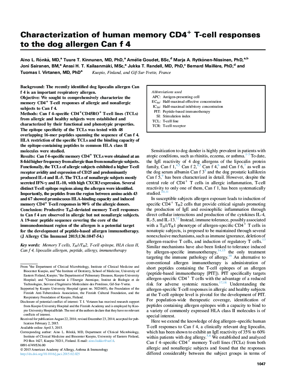 Characterization of human memory CD4+ T-cell responses to the dog allergen Can f 4