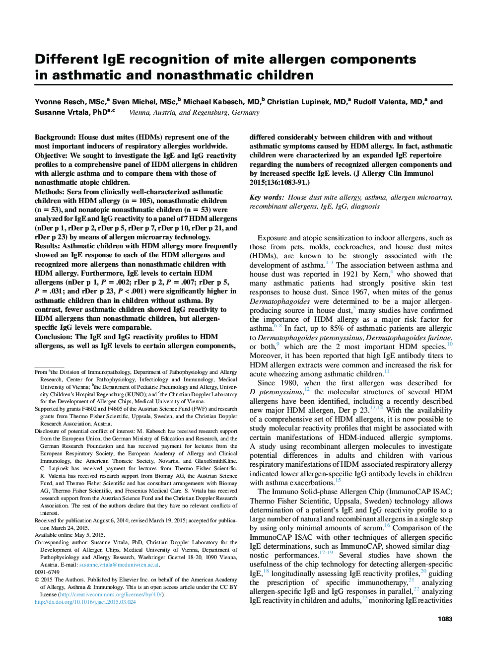 Mechanisms of allergy and clinical immunologyDifferent IgE recognition of mite allergen components in asthmatic and nonasthmatic children