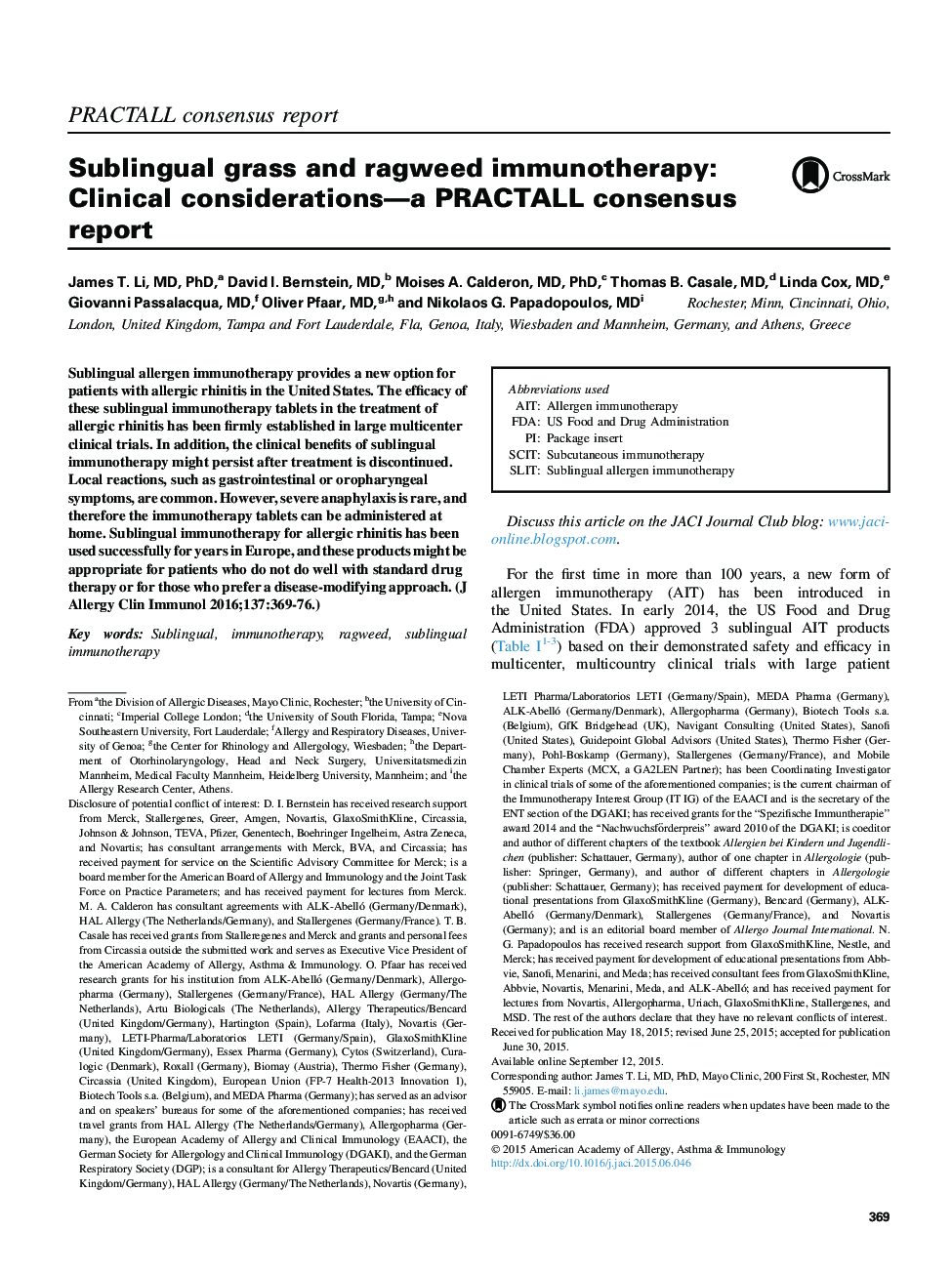 Reviews and feature articleSublingual grass and ragweed immunotherapy: Clinical considerations-a PRACTALL consensus report