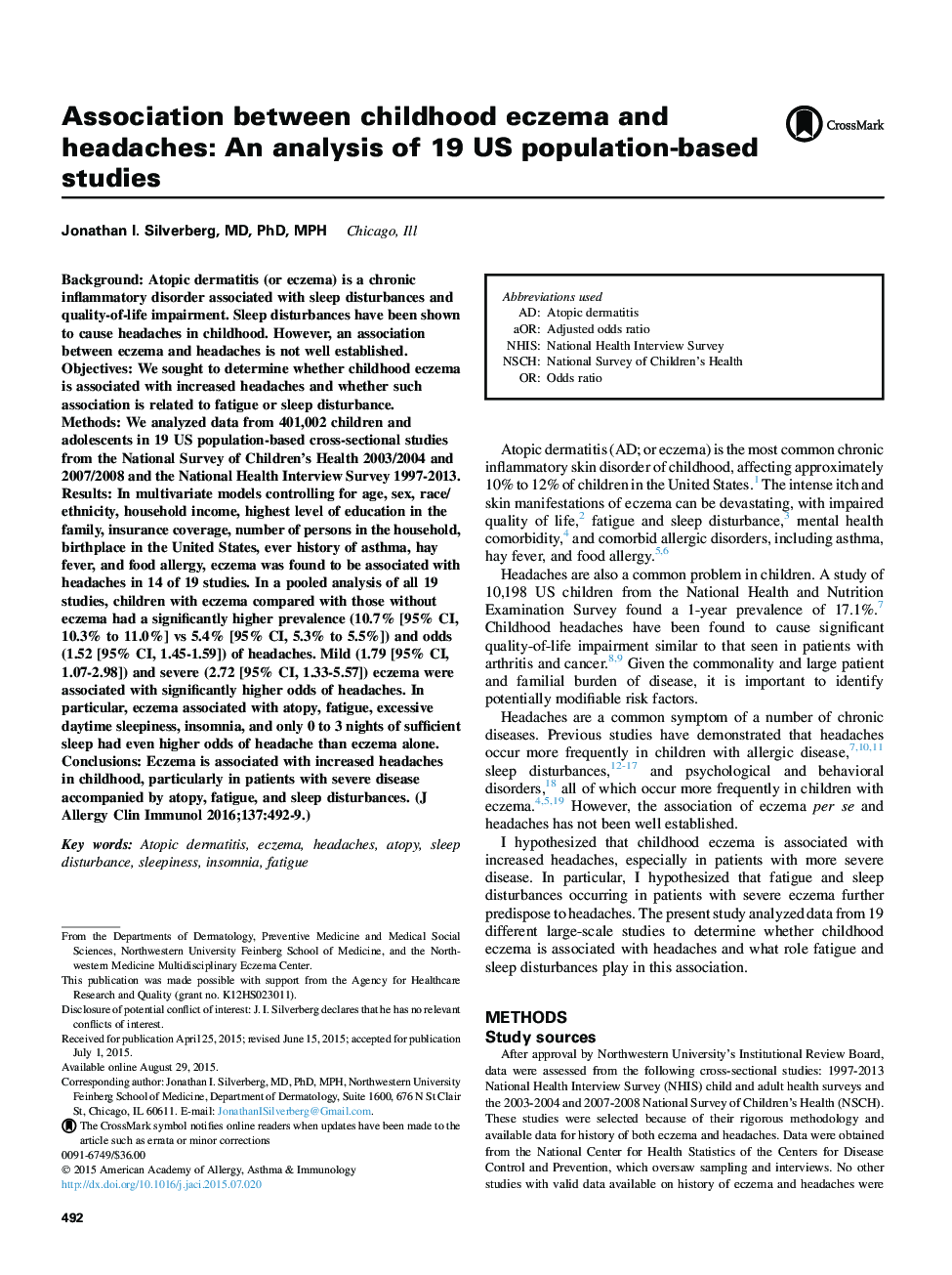 Atopic dermatitis and skin diseaseAssociation between childhood eczema and headaches: An analysis of 19 US population-based studies