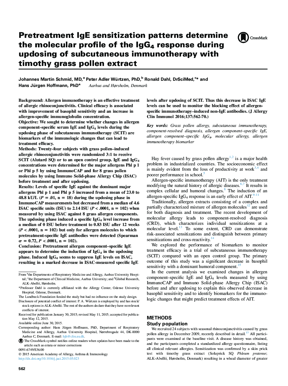 Mechanisms of allergy and clinical immunologyPretreatment IgE sensitization patterns determine the molecular profile of the IgG4 response during updosing of subcutaneous immunotherapy with timothy grass pollen extract