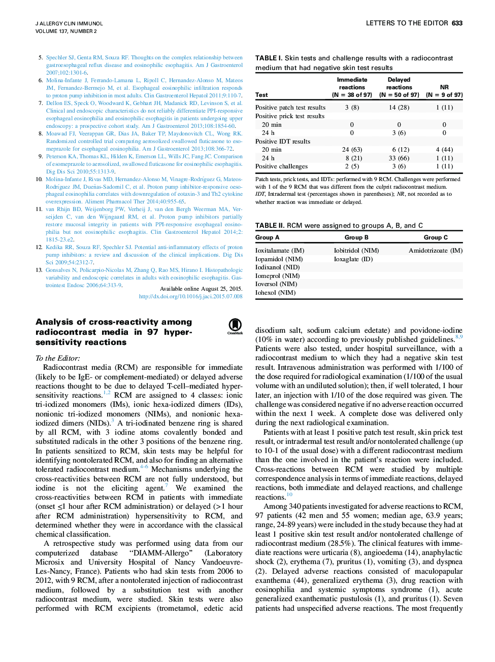 Analysis of cross-reactivity among radiocontrast media in 97 hypersensitivity reactions