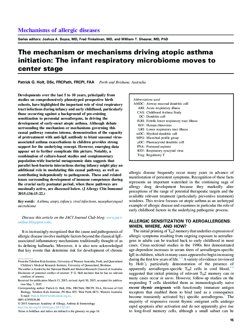 Reviews and feature articleThe mechanism or mechanisms driving atopic asthma initiation: The infant respiratory microbiome moves to center stage