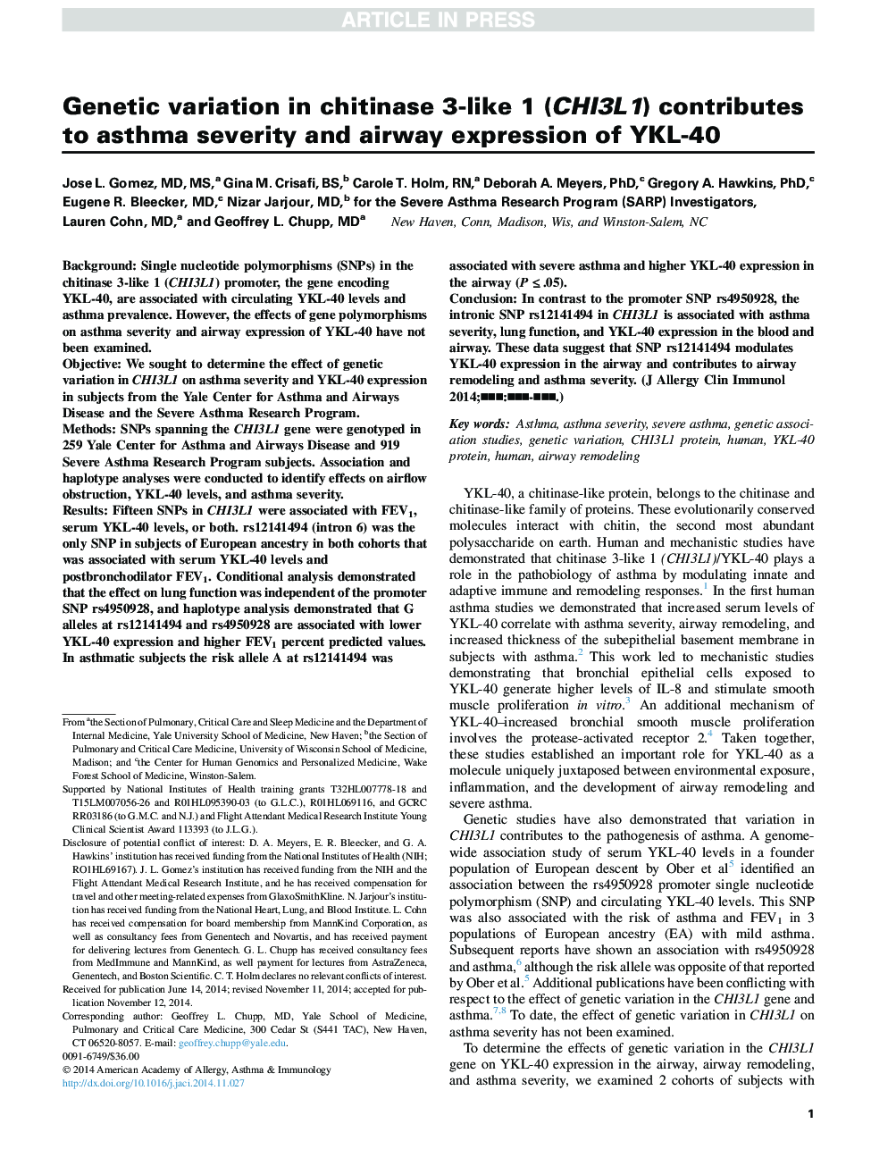 Genetic variation in chitinase 3-like 1 (CHI3L1) contributes to asthma severity and airway expression of YKL-40