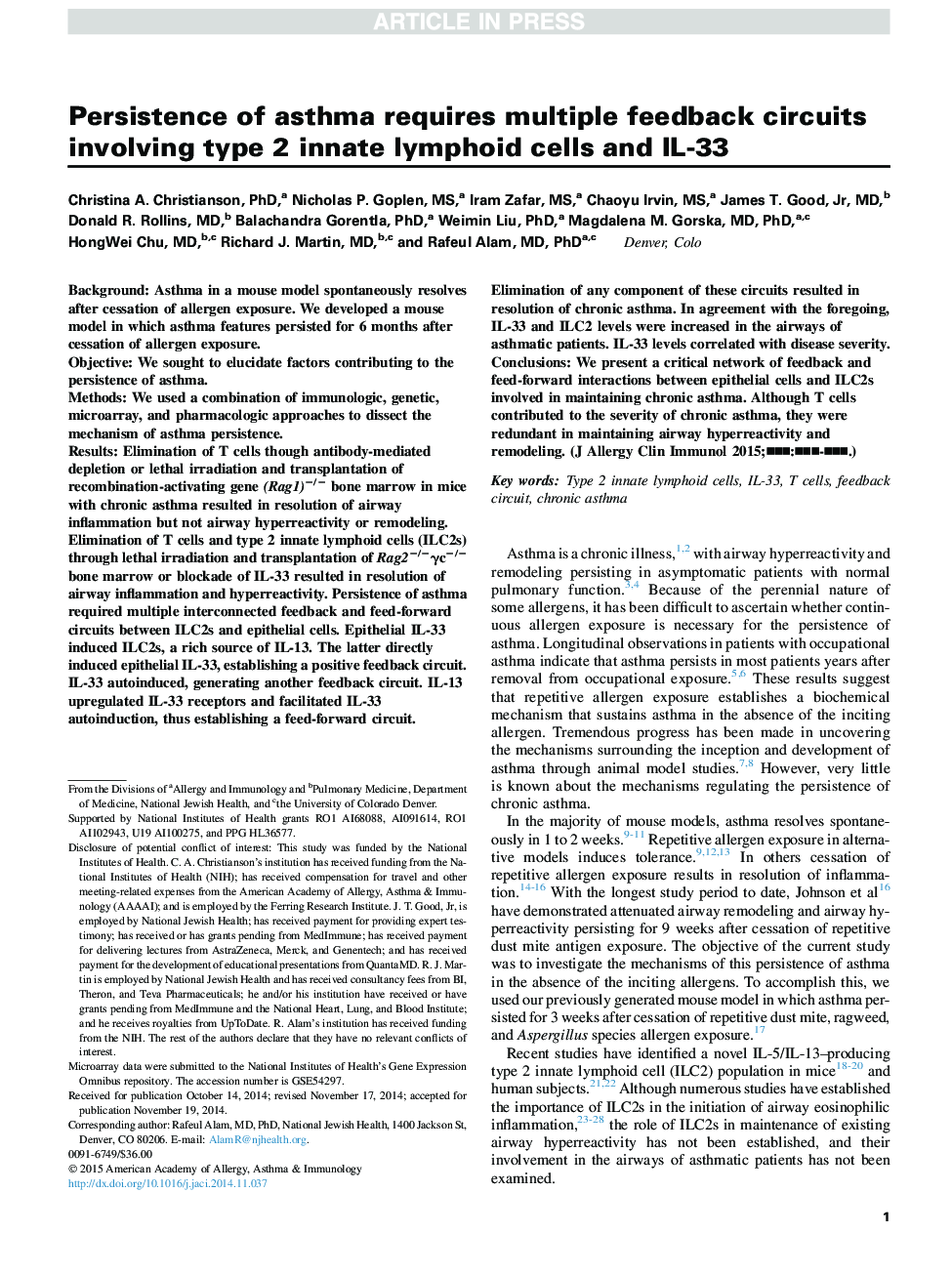 Persistence of asthma requires multiple feedback circuits involving type 2 innate lymphoid cells and IL-33