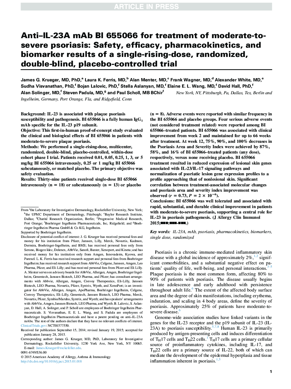 Anti-IL-23A mAb BI 655066 for treatment of moderate-to-severe psoriasis: Safety, efficacy, pharmacokinetics, and biomarker results of a single-rising-dose, randomized, double-blind, placebo-controlled trial