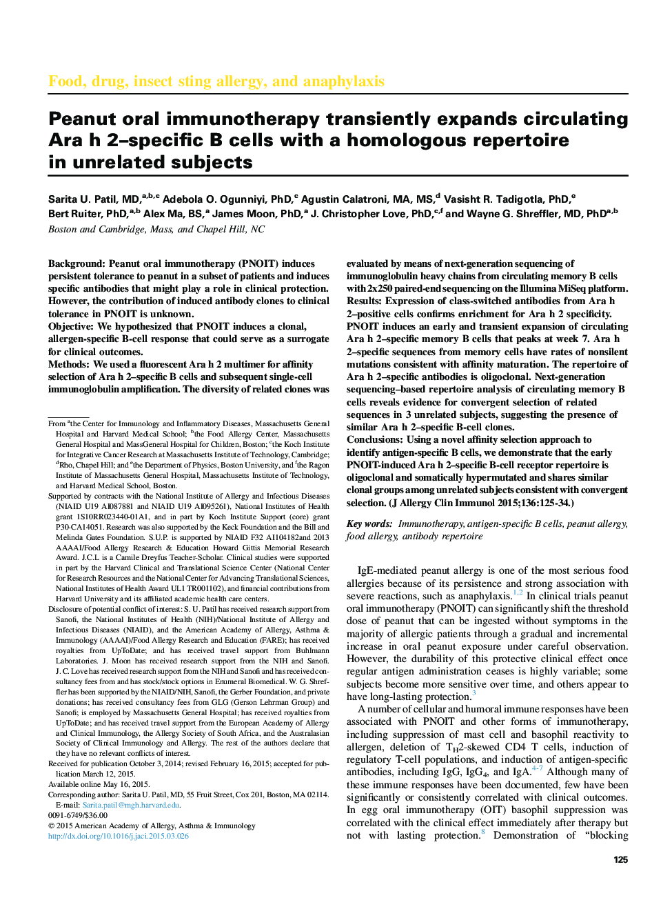 Peanut oral immunotherapy transiently expands circulating Ara h 2-specific B cells with a homologous repertoire in unrelated subjects