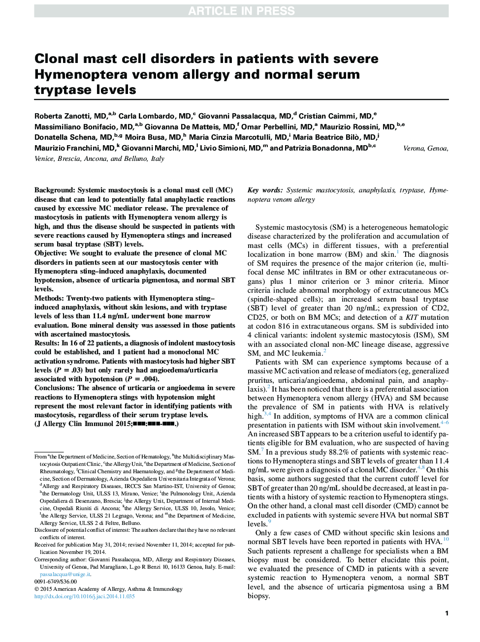 Clonal mast cell disorders in patients with severe Hymenoptera venom allergy and normal serum tryptaseÂ levels