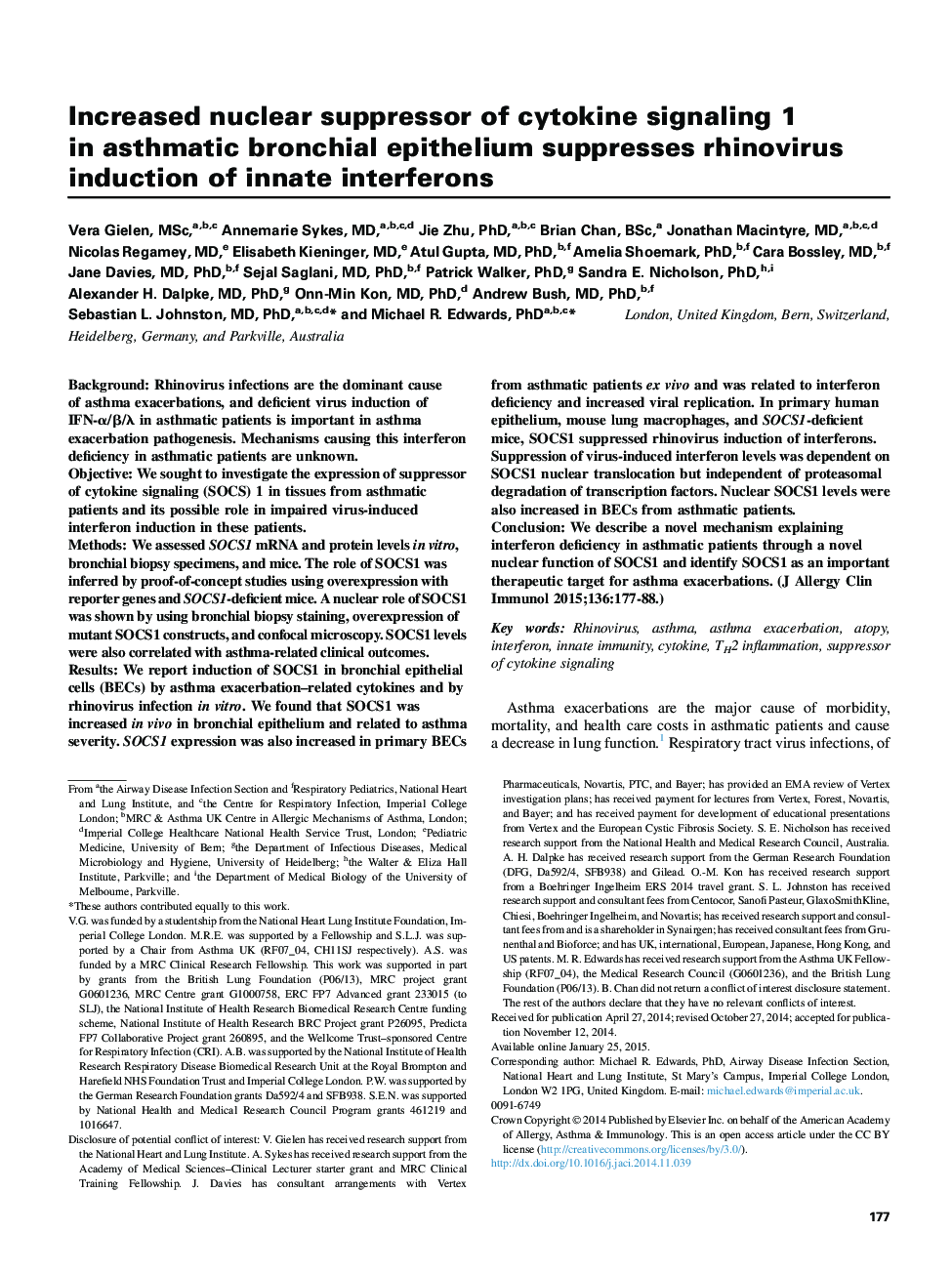 Increased nuclear suppressor of cytokine signaling 1 in asthmatic bronchial epithelium suppresses rhinovirus induction of innate interferons