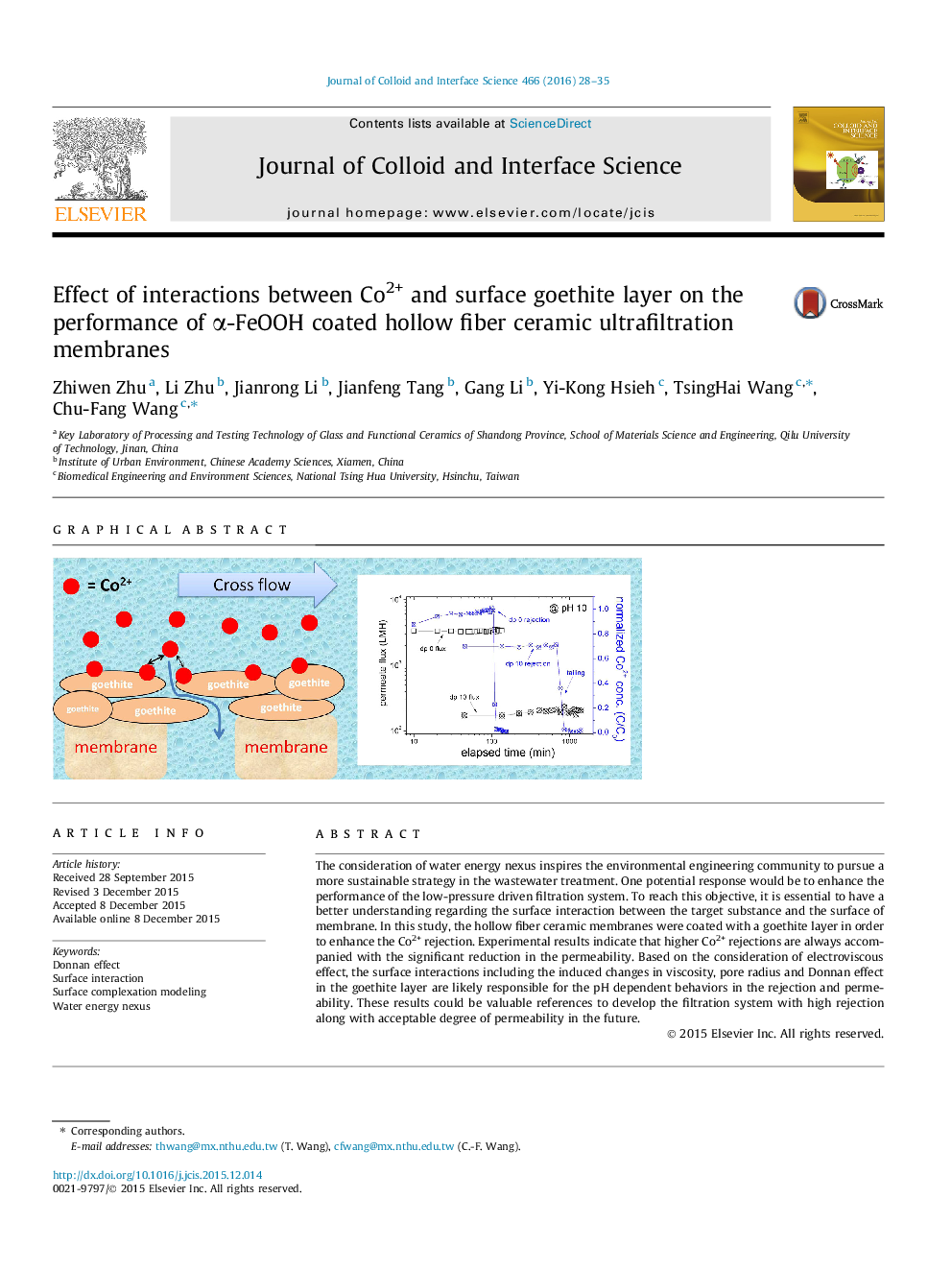 Effect of interactions between Co2+ and surface goethite layer on the performance of α-FeOOH coated hollow fiber ceramic ultrafiltration membranes