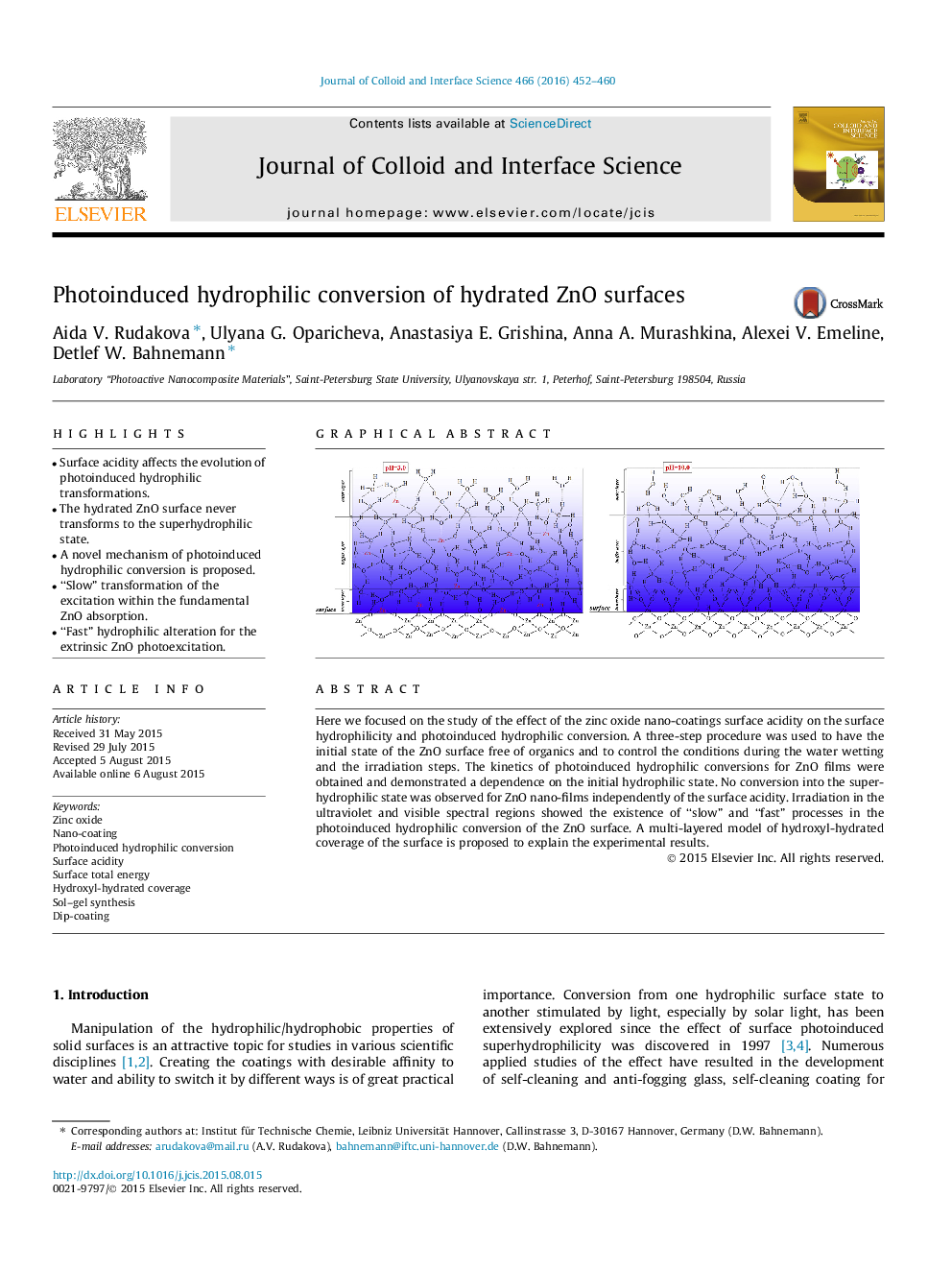 Photoinduced hydrophilic conversion of hydrated ZnO surfaces