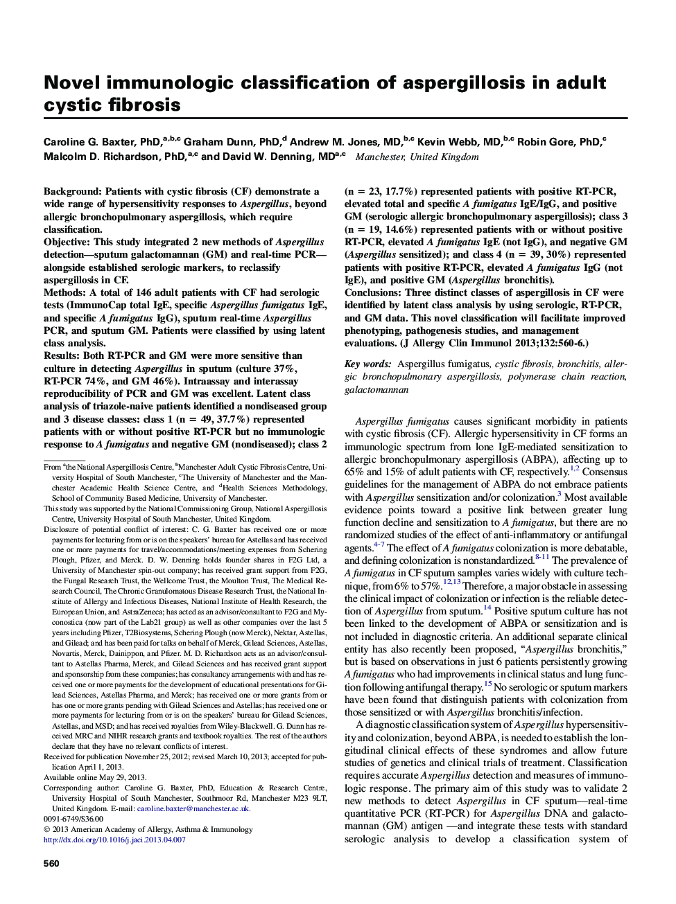 Asthma and lower airway diseaseNovel immunologic classification of aspergillosis in adult cystic fibrosis