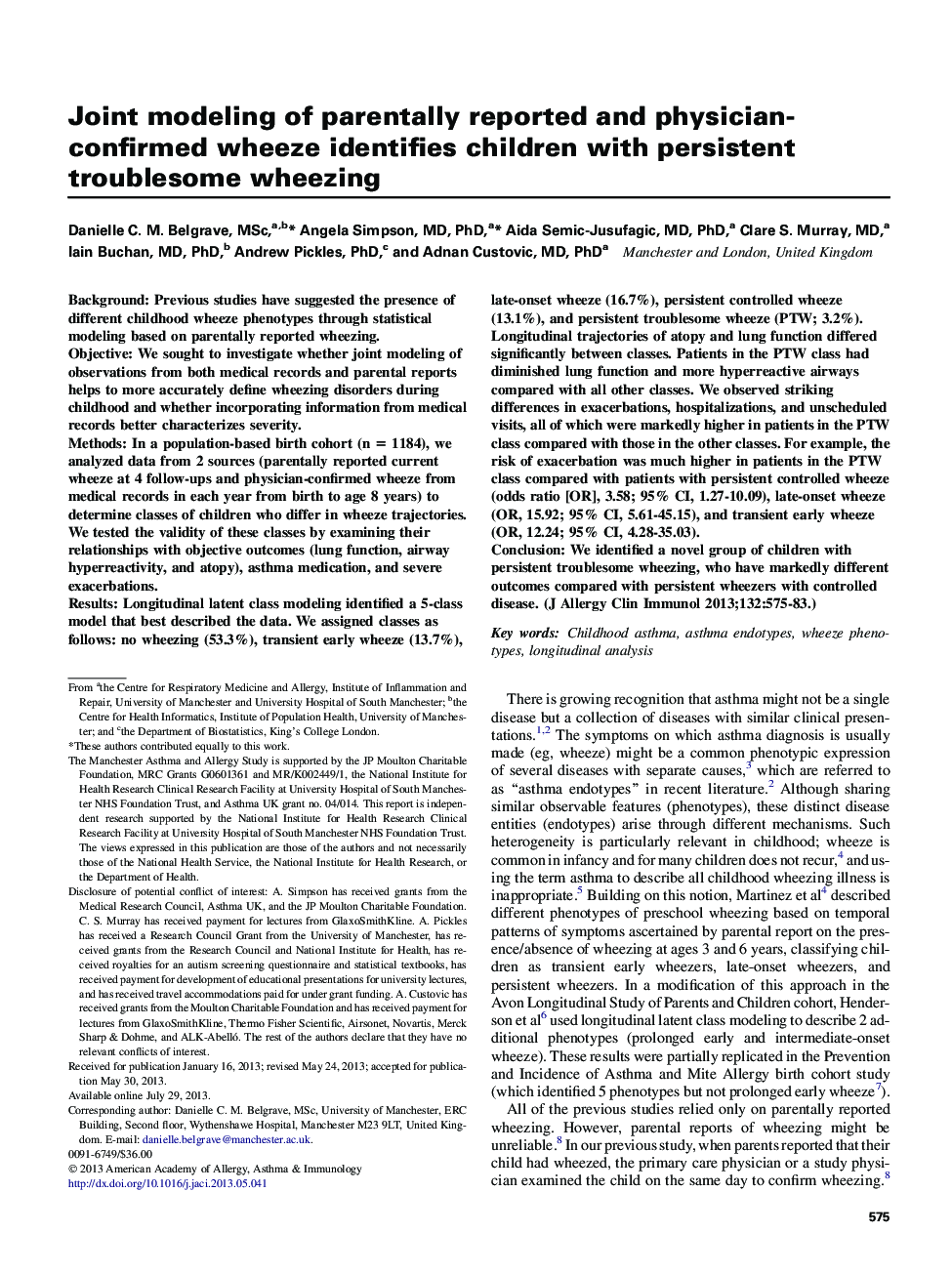 Joint modeling of parentally reported and physician-confirmed wheeze identifies children with persistent troublesome wheezing