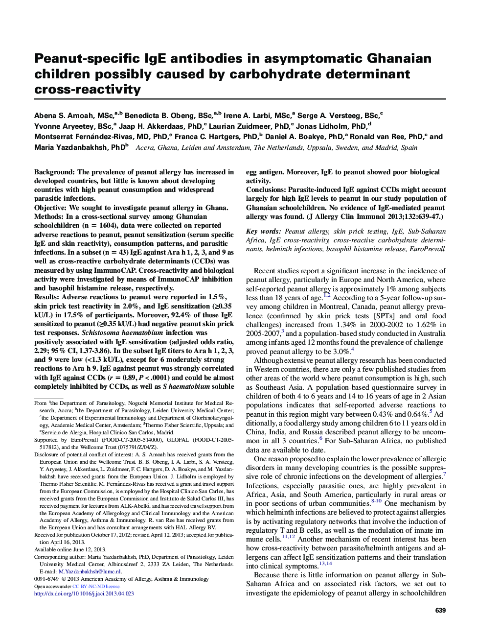 Food, drug, insect sting allergy, and anaphylaxisPeanut-specific IgE antibodies in asymptomatic Ghanaian children possibly caused by carbohydrate determinant cross-reactivity