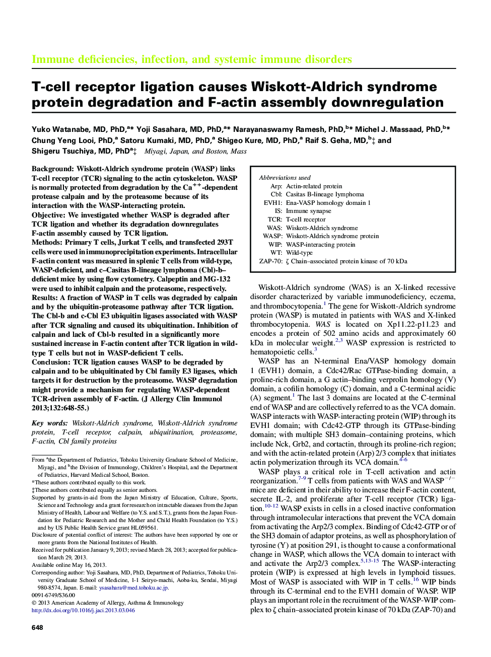 T-cell receptor ligation causes Wiskott-Aldrich syndrome protein degradation and F-actin assembly downregulation