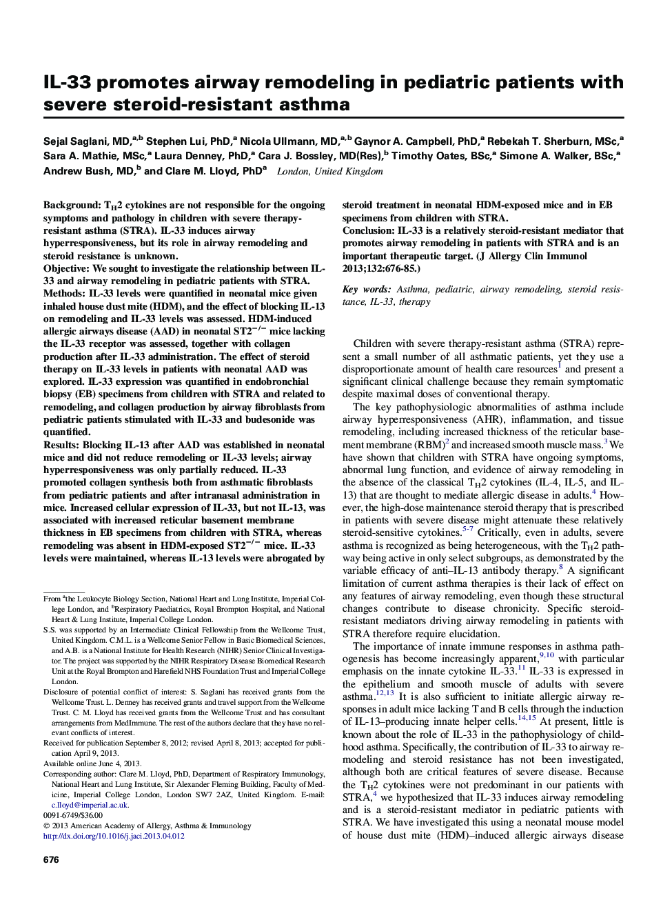 IL-33 promotes airway remodeling in pediatric patients with severe steroid-resistant asthma