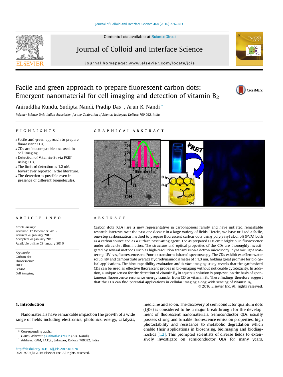 Facile and green approach to prepare fluorescent carbon dots: Emergent nanomaterial for cell imaging and detection of vitamin B2