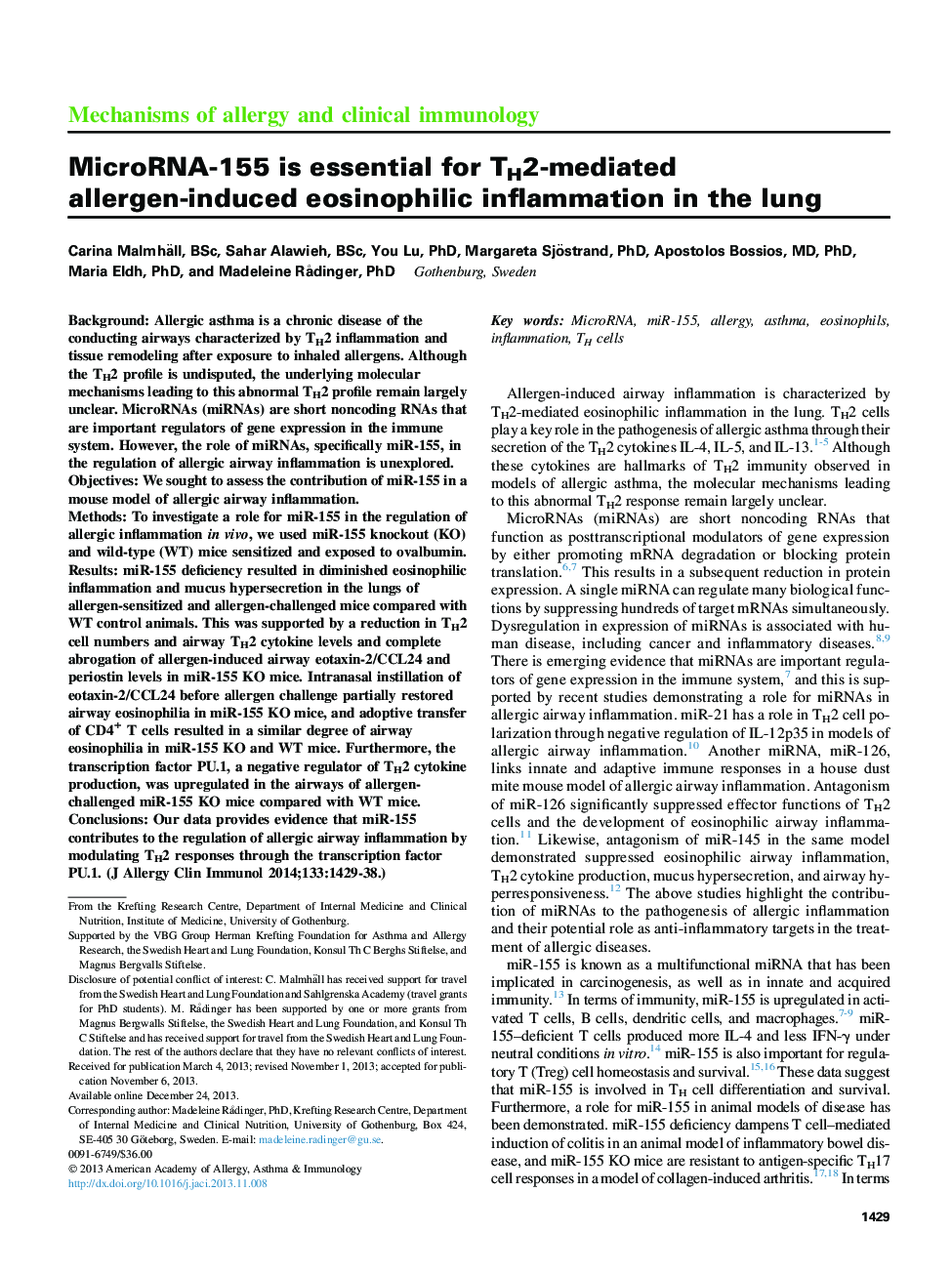 Mechanisms of allergy and clinical immunologyMicroRNA-155 is essential for TH2-mediated allergen-induced eosinophilic inflammation in the lung