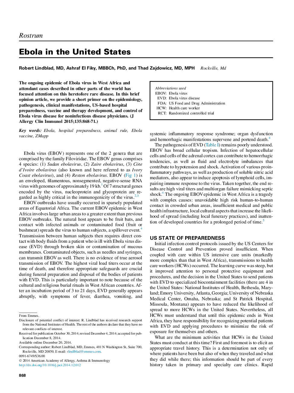 Reviews and feature articleEbola in the United States