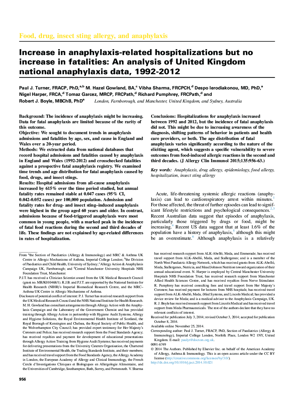 غذا، دارو، آلرژی زخم حشرات و آنافیلاکسی افزایش در بستری های مرتبط با آنافیلاکسی، اما افزایش تلفات: تجزیه و تحلیل داده های آنافیلاکسی ملی انگلستان، 1992-2012 