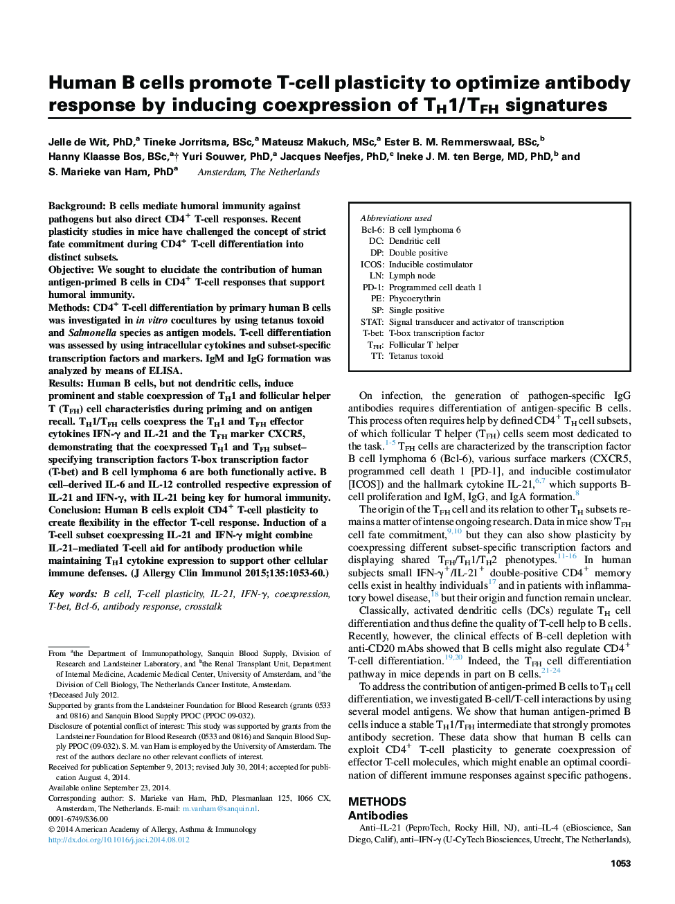 Mechanisms of allergy and clinical immunologyHuman B cells promote T-cell plasticity to optimize antibody response by inducing coexpression of TH1/TFH signatures