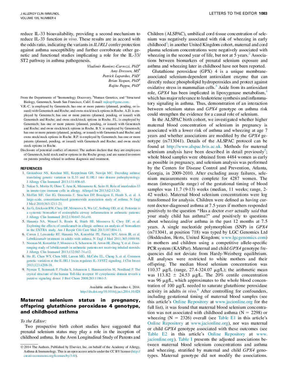 وضعیت سلنیوم مادر در دوران بارداری، ژنوتیپ گلوتاتیون پراکسیداز 4 و آسم دوران کودکی 