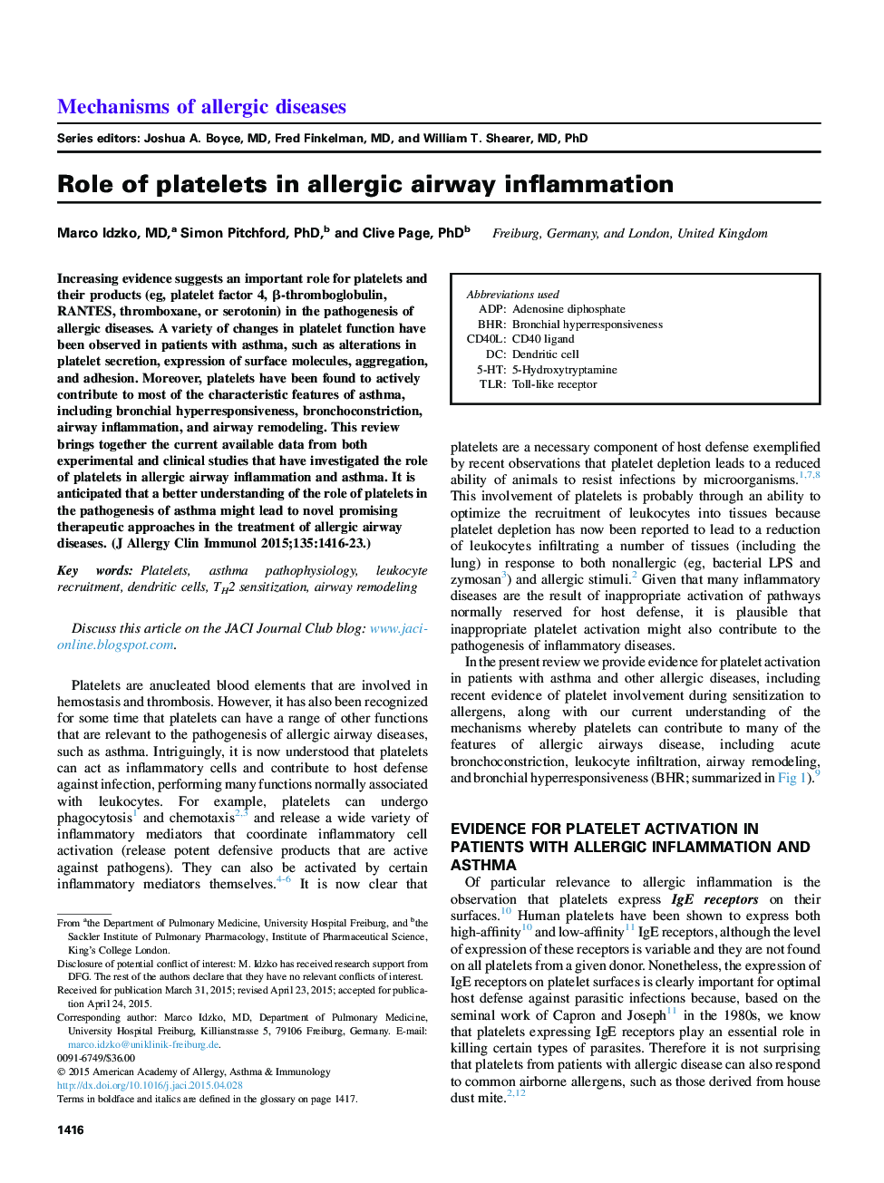 Reviews and feature articleRole of platelets in allergic airway inflammation