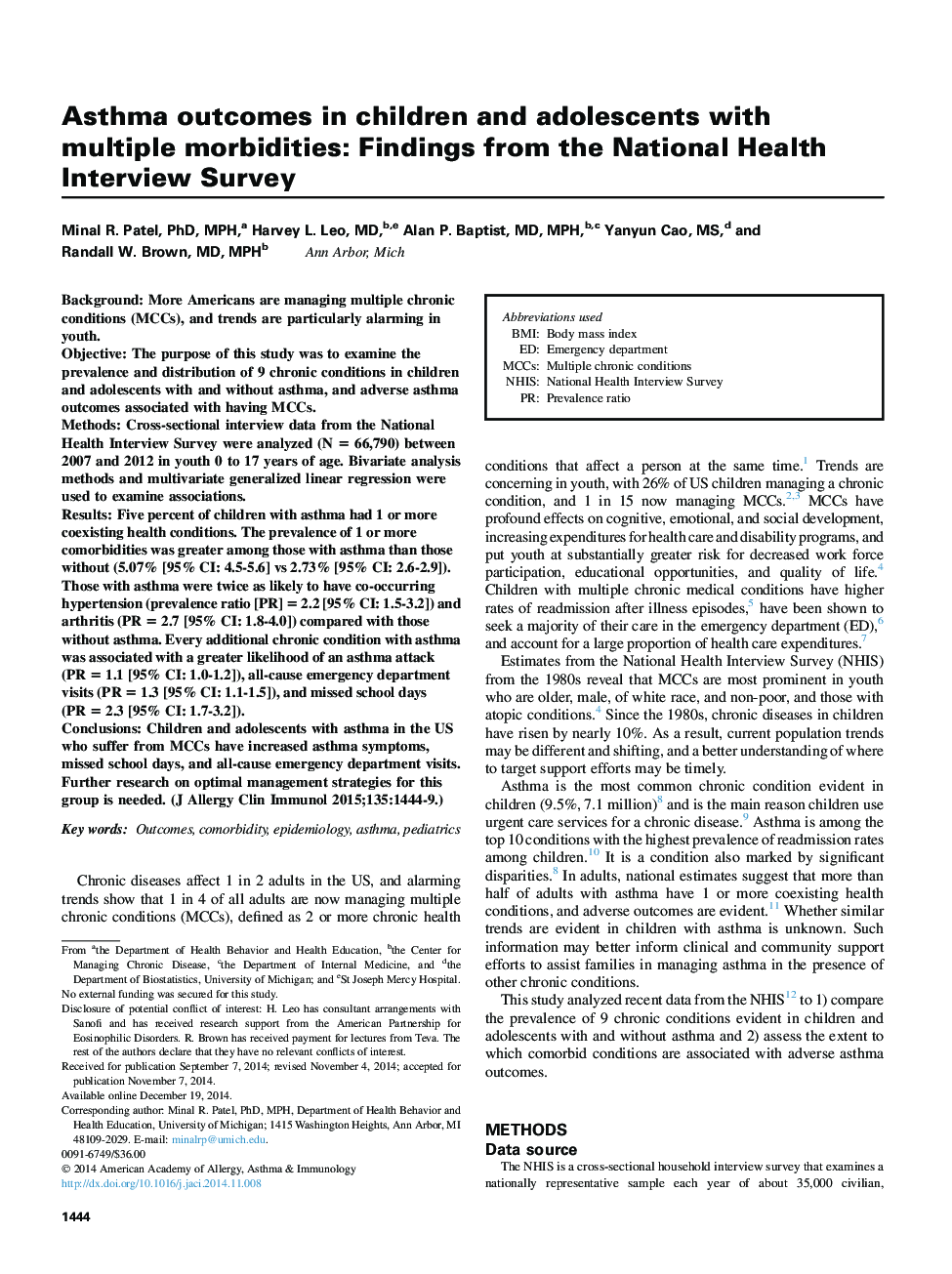 Asthma outcomes in children and adolescents with multiple morbidities: Findings from the National Health Interview Survey