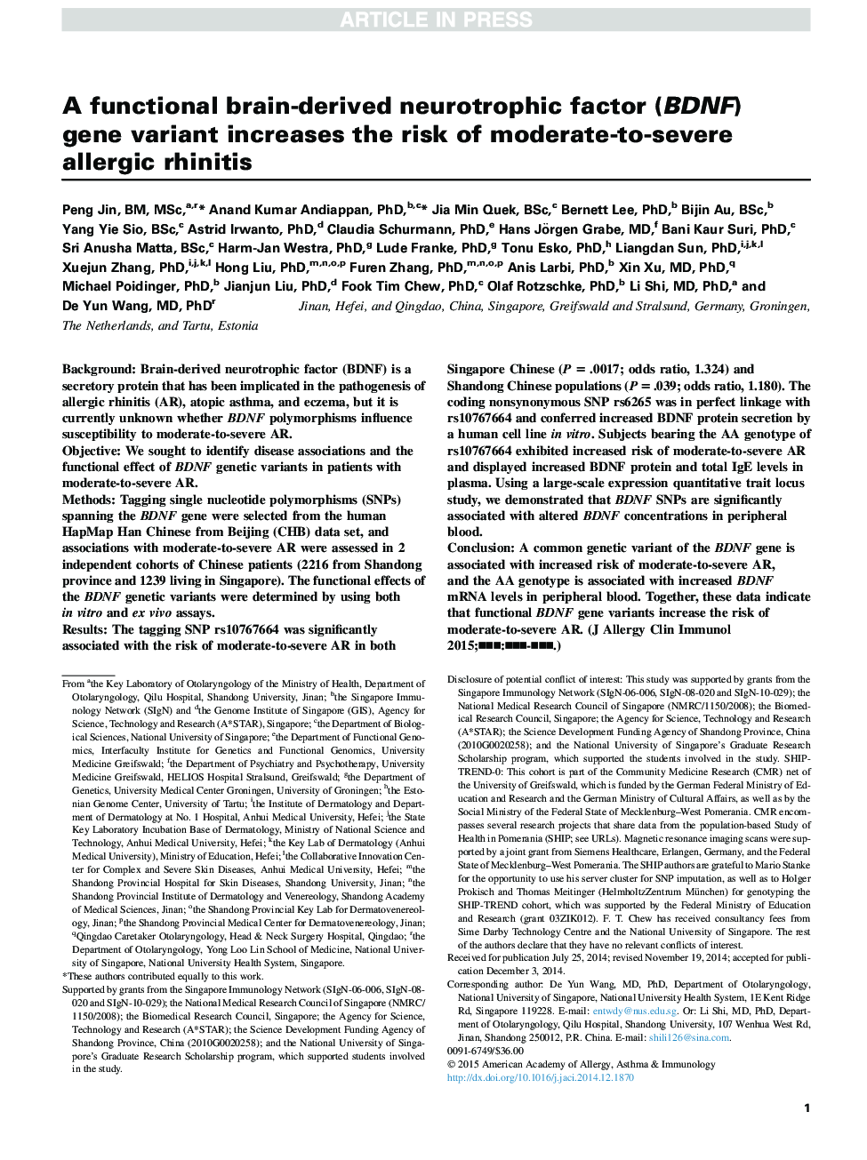 A functional brain-derived neurotrophic factor (BDNF) gene variant increases the risk of moderate-to-severe allergic rhinitis