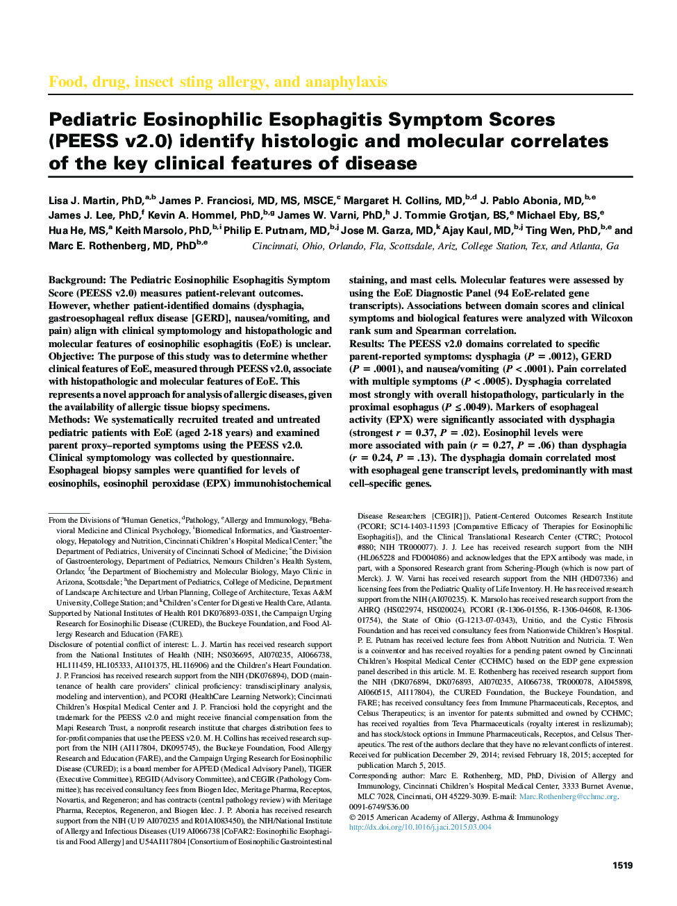 Pediatric Eosinophilic Esophagitis Symptom Scores (PEESS v2.0) identify histologic and molecular correlates of the key clinical features of disease