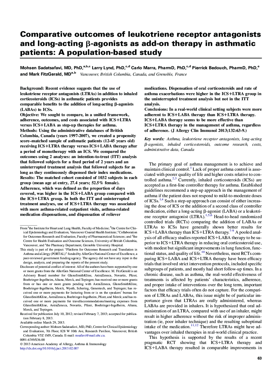 Comparative outcomes of leukotriene receptor antagonists and long-acting Î²-agonists as add-on therapy in asthmatic patients: A population-based study