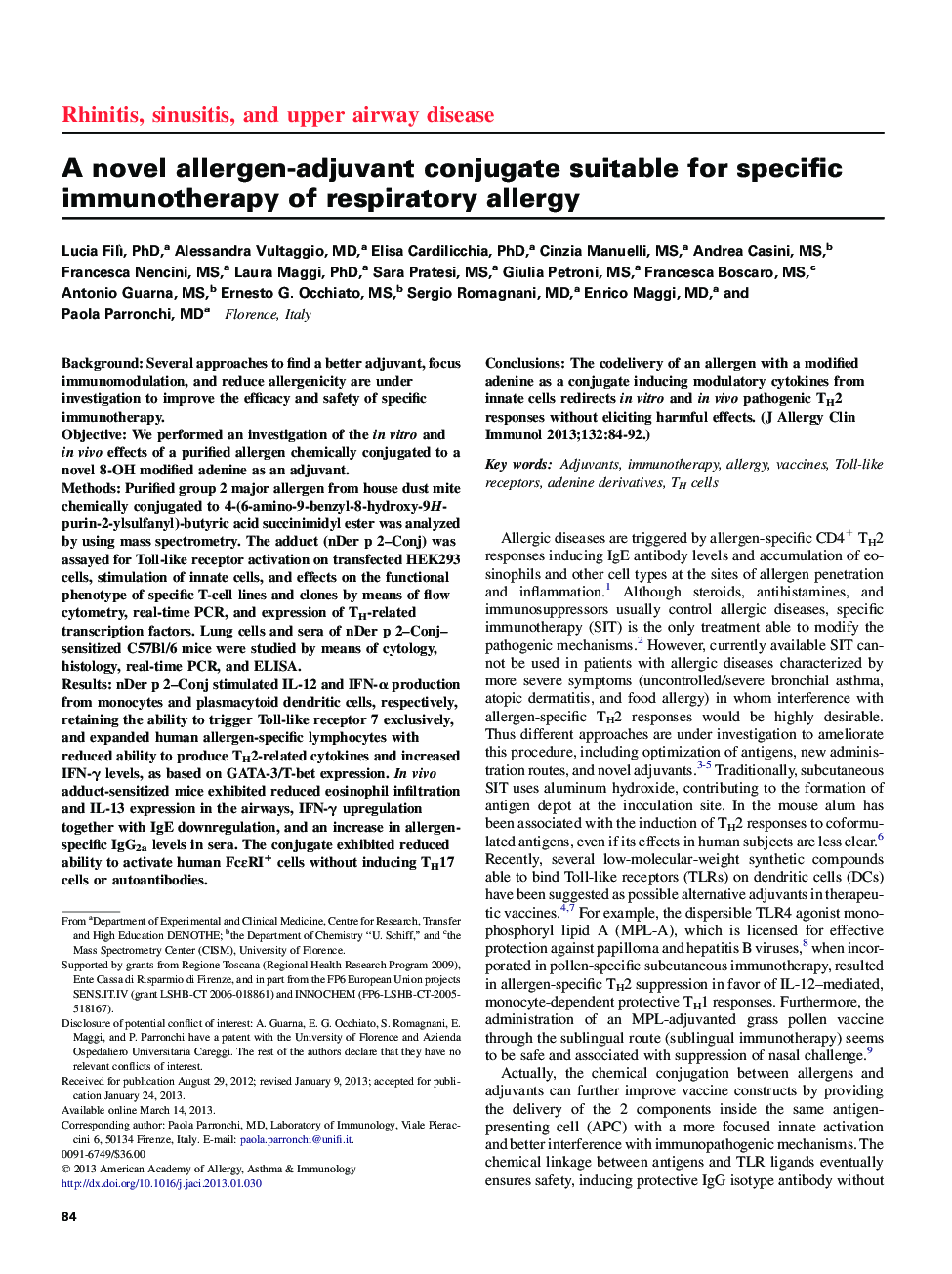 Rhinitis, sinusitis, and upper airway diseaseA novel allergen-adjuvant conjugate suitable for specific immunotherapy of respiratory allergy