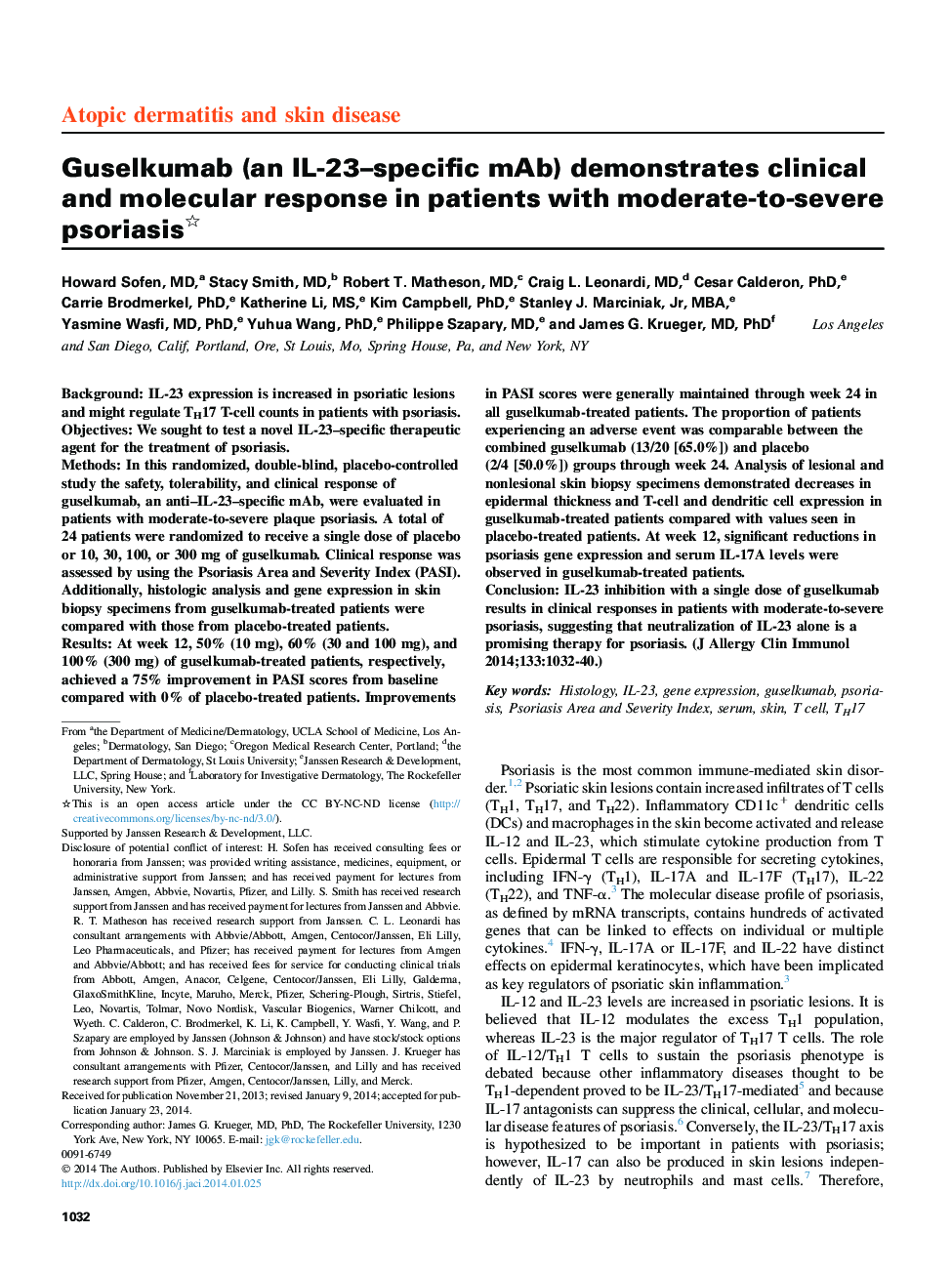 Guselkumab (an IL-23-specific mAb) demonstrates clinical and molecular response in patients with moderate-to-severe psoriasis