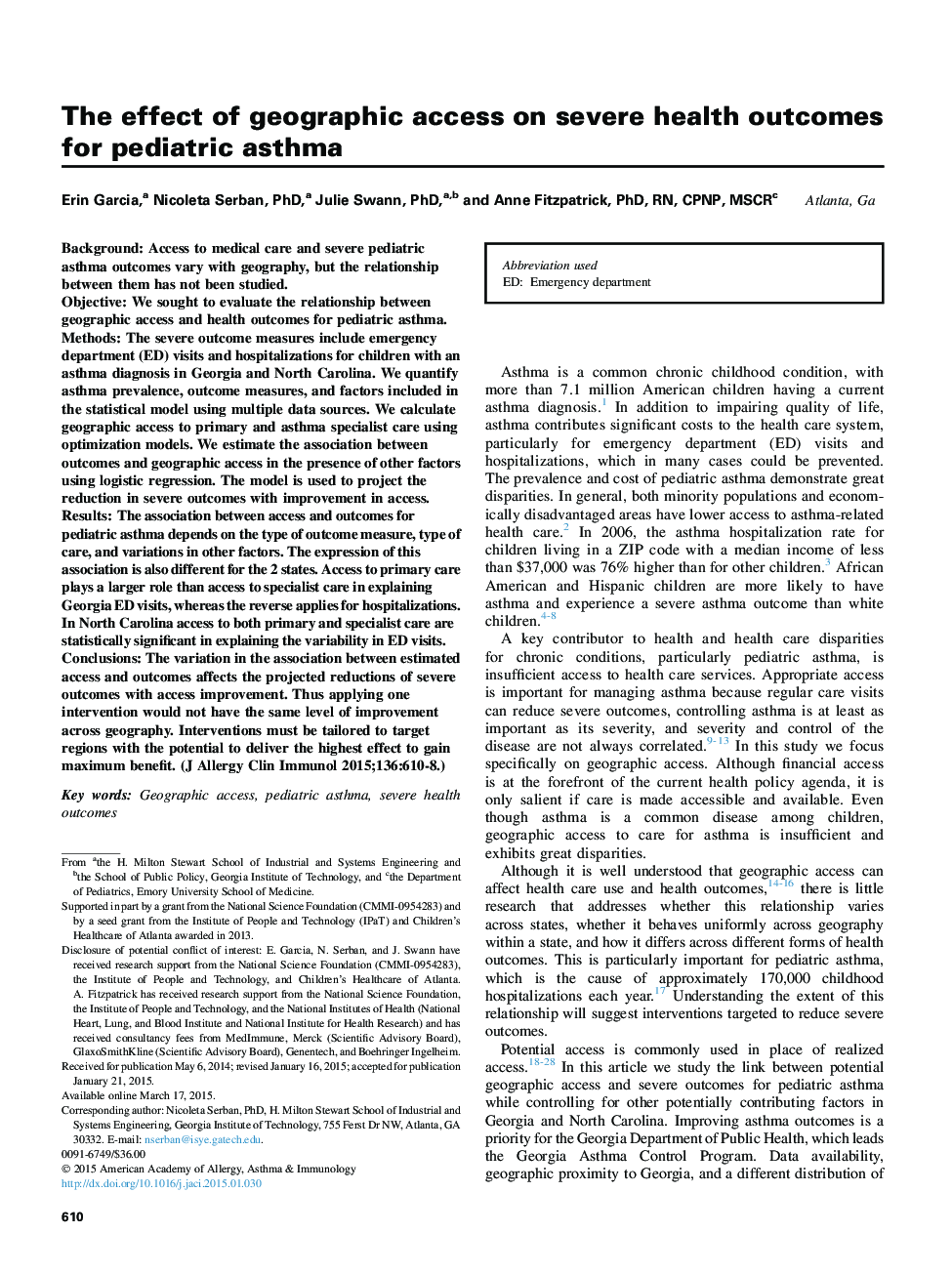 The effect of geographic access on severe health outcomes for pediatric asthma