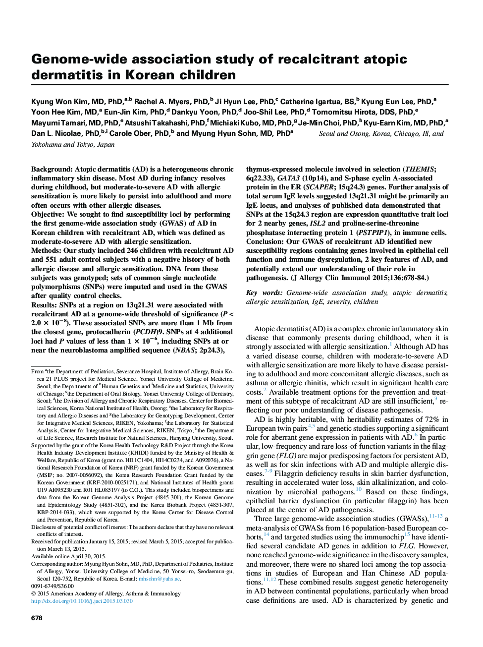 Atopic dermatitis and skin diseaseGenome-wide association study of recalcitrant atopic dermatitis in Korean children